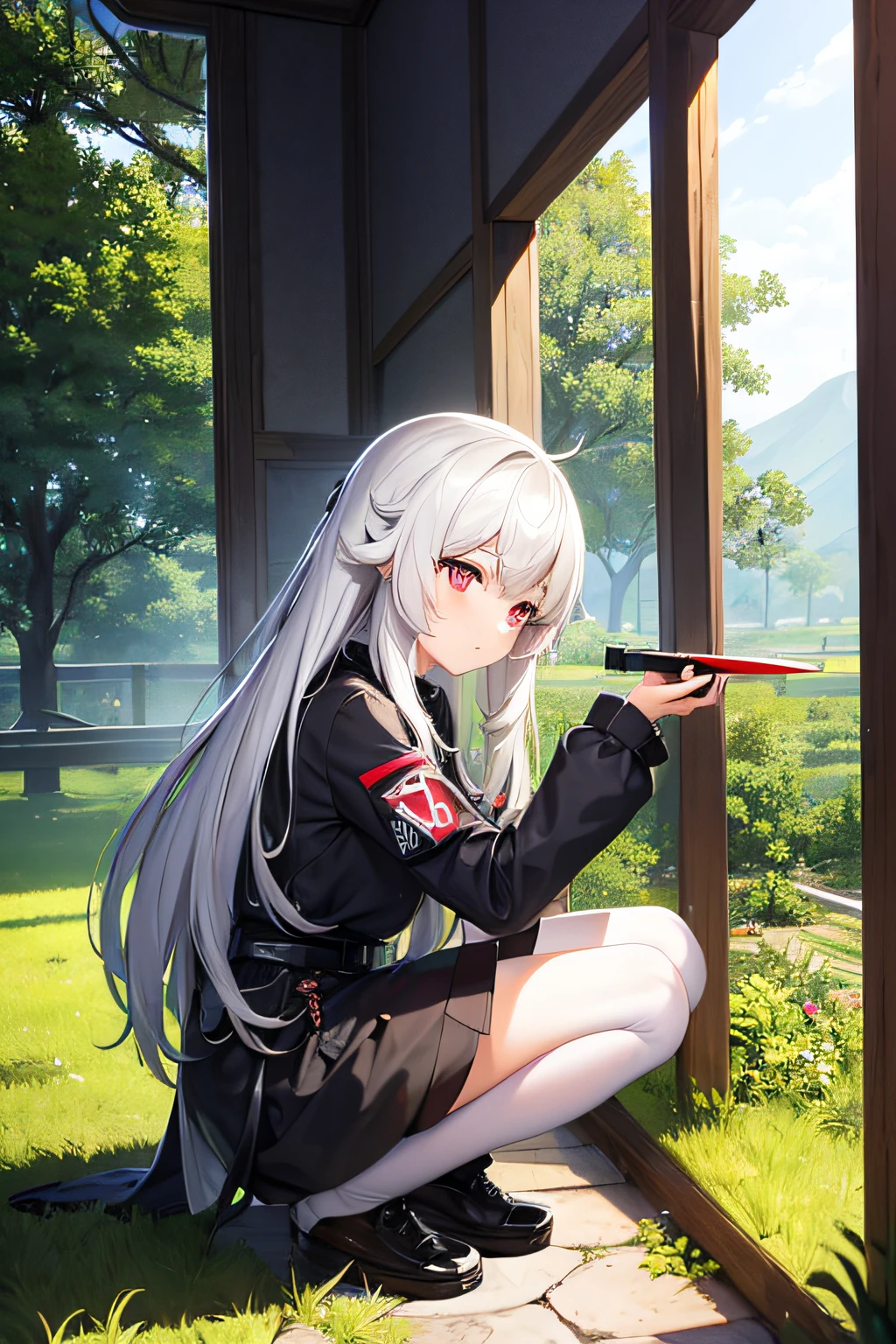 (masterpiece:1.2), best quality , PIXIV,  girl , long white hair , red eyes , perfect eyes , Wearing and gray camouflage uniforms , (anime girl have a black long knife in her hand) ,She stands in the ruins , girls frontline style,smooth anime cg art, profile of anime girl , (She squatted on the ruins and looked at a flower growing in the corner) , Look towards the ground