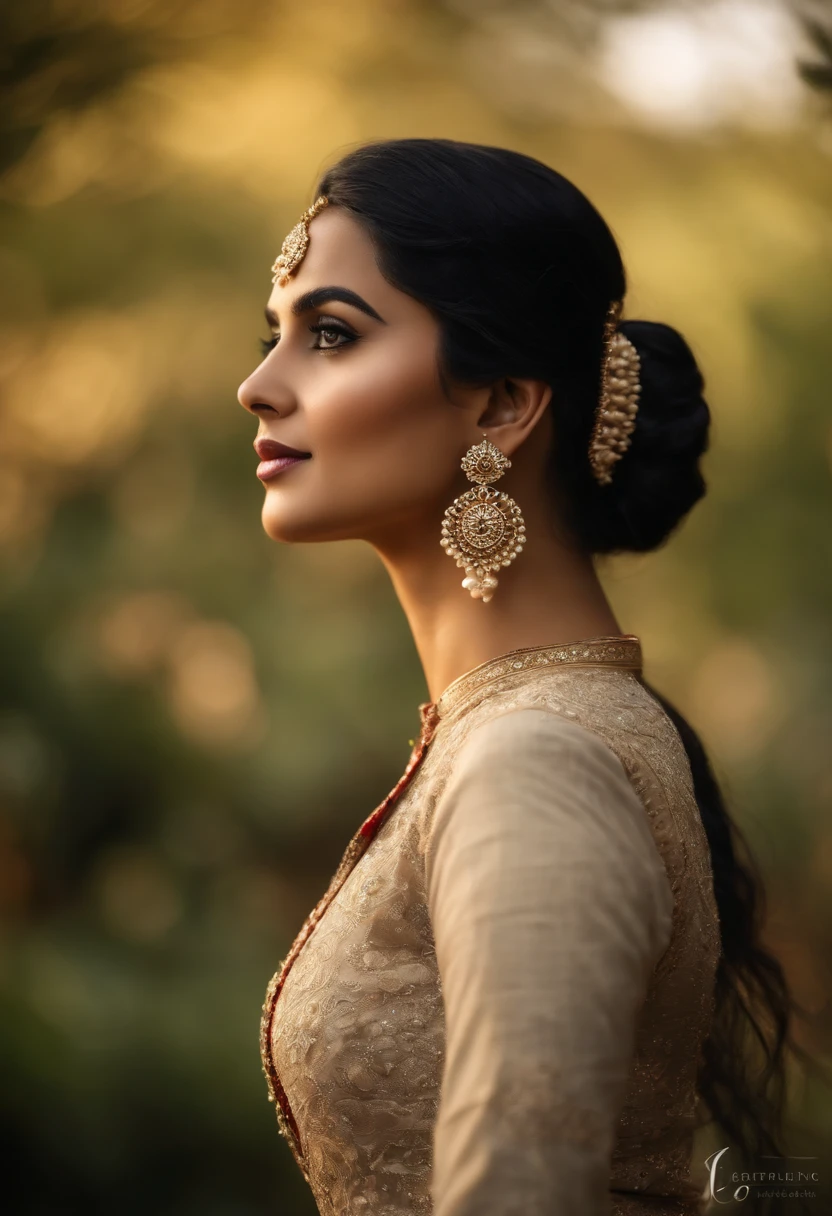 A girl with black long straight hair, wearing a Punjabi-style kurta, showcasing her distinctive Punjabi culture, complemented by her alluring black heels. She exudes confidence, with her meticulously done slutty makeup accentuating her features. Her kurta is adorned with intricate embroidery, highlighting her elegant taste. Her figure is accentuated by her big and alluring ass. The overall scene is set in a garden, with the beautiful lush greenery adding a touch of serenity. The lighting enhances her graceful presence, casting a soft glow on her ebony hair. The image quality is of the highest standards, with ultra-detailed rendering and vivid colors. This masterpiece will capture every intricate detail, making it a true work of art.