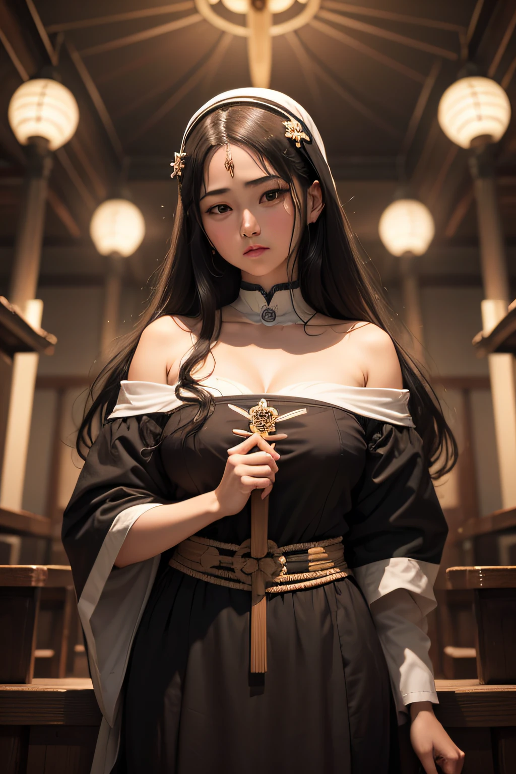 NSFW: 1.5, 12 years old Japan girl, fully adjusted, straight long black hair that reaches to the buttocks, medium large beautiful breasts balanced on the left and right, priestess uniform, praying in the chapel, crotch open.