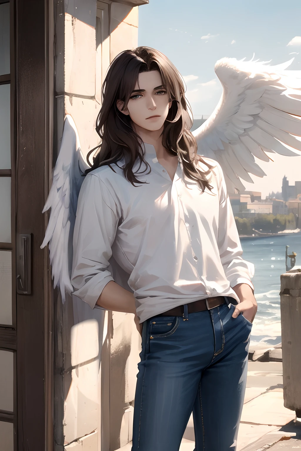 Alafed woman with wings on her head standing in front of the window, young wan angel, full - body majestic angel, winged boy, Winged Humans, delicate androgynous prince, handsome guy in demon slayer art, tall anime man with blue eyes, the angel's wings, in the art style of bowater, one white winged, Angelic, wearing angel