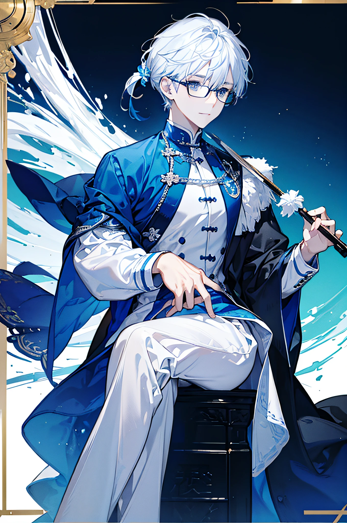 16k,male people，Blue-white hair，White suit。Square frame glasses，Sit Pose，Sunny and cheerful。