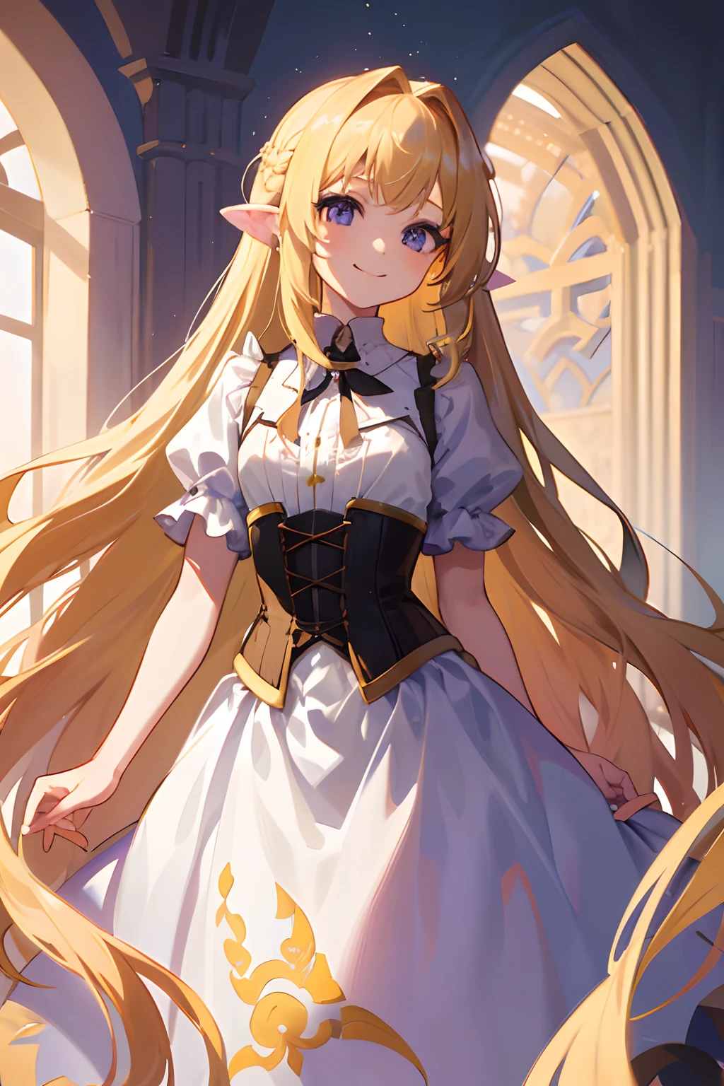 1girl,cetus,coda, Rapunzel,(long hair blonde,) long hair Rapunzel, happy smile, eye purple, dress white and corset brown, short sleeves, skirt long, beautifull, (Rapunzel long hair,) (very long hair:9,0)