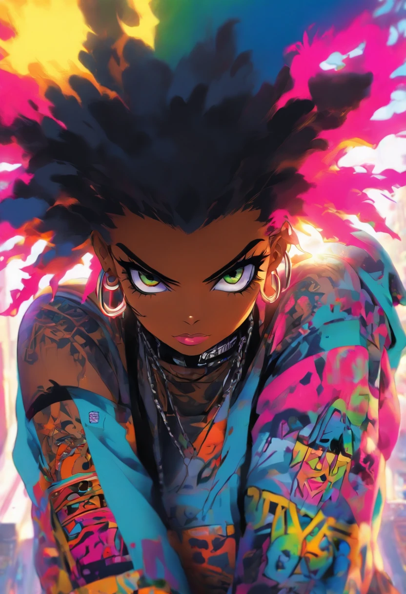 The most beautiful and sexy punk rock girl, black Afro, cabello color arco iris, ojos amarillos, dark skin, usar una sudadera con capucha, Graphic design jacket and torn skinny jeans, toneladas de tatuajes y piercings, Obra maestra perfecta, alta calidad, High resolution, big tits