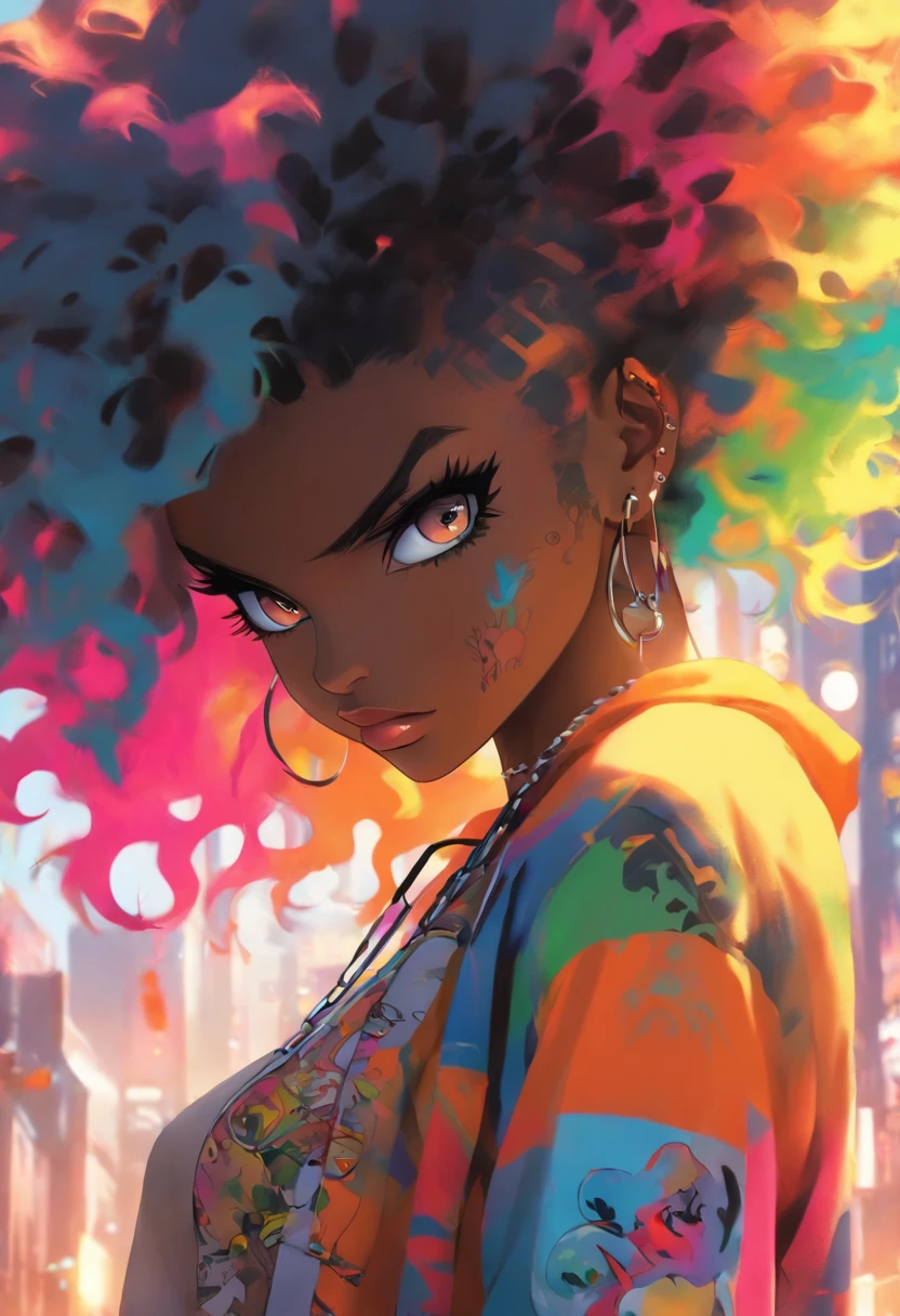 The most beautiful and sexy punk rock girl, black Afro, cabello color arco iris, ojos amarillos, dark skin, usar una sudadera con capucha, Graphic design jacket and torn skinny jeans, toneladas de tatuajes y piercings, Obra maestra perfecta, alta calidad, High resolution, big tits