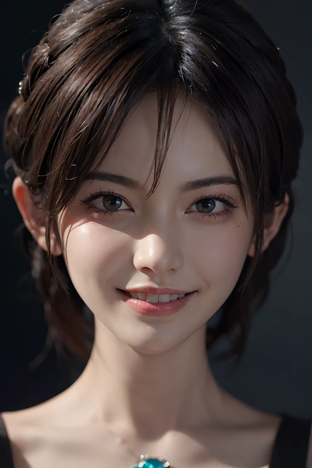 (masuter piece:1.3)、(8k、RAW Photography、top-quality: 1.4)、(1girl)、beautiful countenance、(lifelike face)、(A dark-haired、)、Beautiful hairstyle、realisticeyes、Beautiful details、(real looking skin)、Beautiful skins、absurderes、enticing、超A high resolution、A hyper-realistic、high-detail、the golden ratio、full bodyesbian、Smiling and teeth visible、beautiful smiling face、