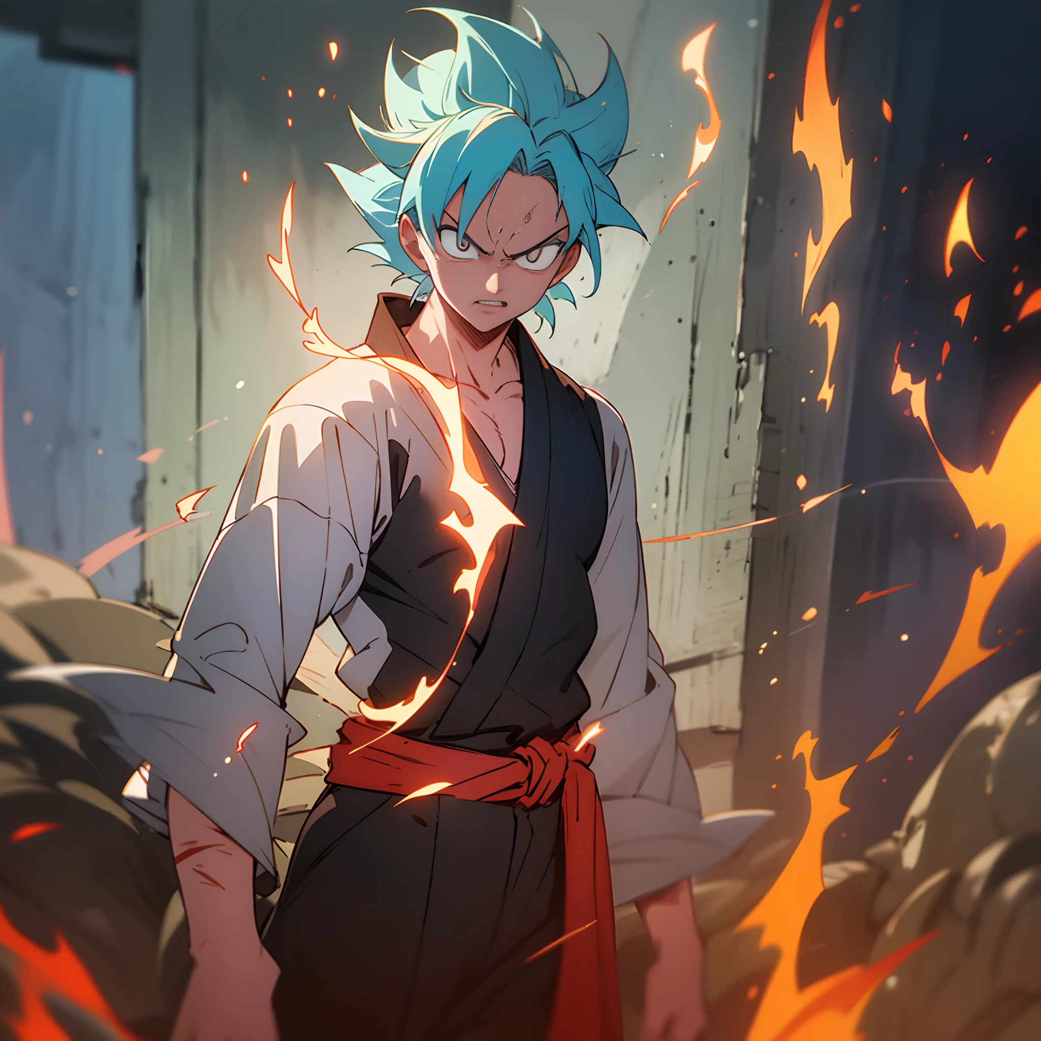 single Man, wanostyle, prince vegita from dragon ball, mascular, Angry, samurai kimono, look viewer, 独奏, Full body, head to toe, ((masterpiece)), (Best quality), (Extremely detailed), 8k, attention to detail, highly detailed, detailed face, detailed eyes, Depth of field, sketch, dark intensive shadows, Sharp focus quality, hdr, Colorful, Good composition, There were fires all around, detailed fire, spectacular, Closed shirt, Anime screenshots, Scars under the eyes, getting ready to fight, Dark eyes,deep of field,Sea backgroun,ship,sunrays,Red clothes, blue spiky hair
