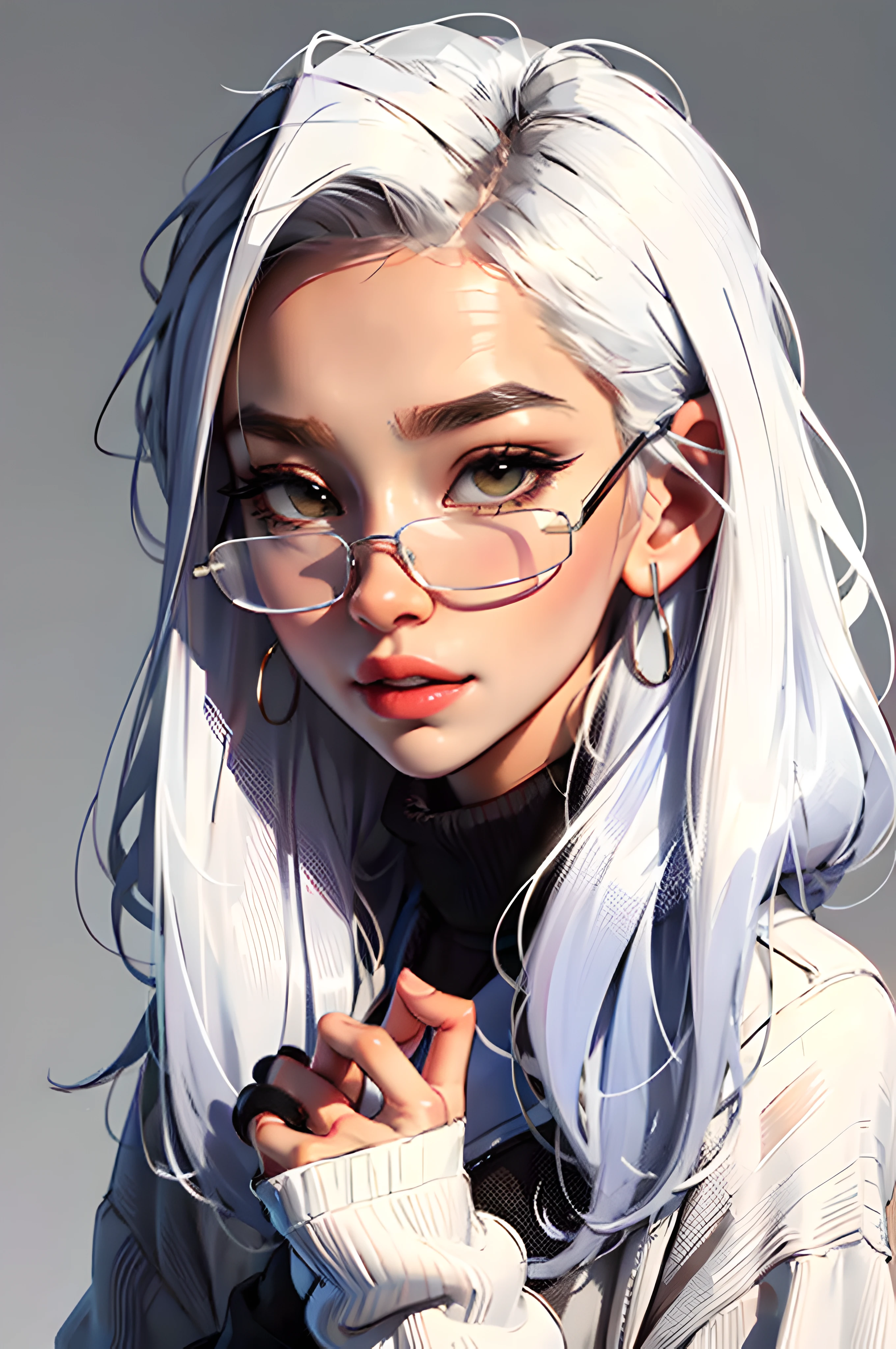 Color: pastel colours,
Sam Young, Close-up of 1 girl in sweater, with a high collar, ((hid her face under the collar)), With your eyes closed, with white hair, (Hair develops upwards), earings, sweater, portraite of a, 独奏, ((tmasterpiece)) Simple background, long sleeves, upper-body, eyeglasses, flat color.