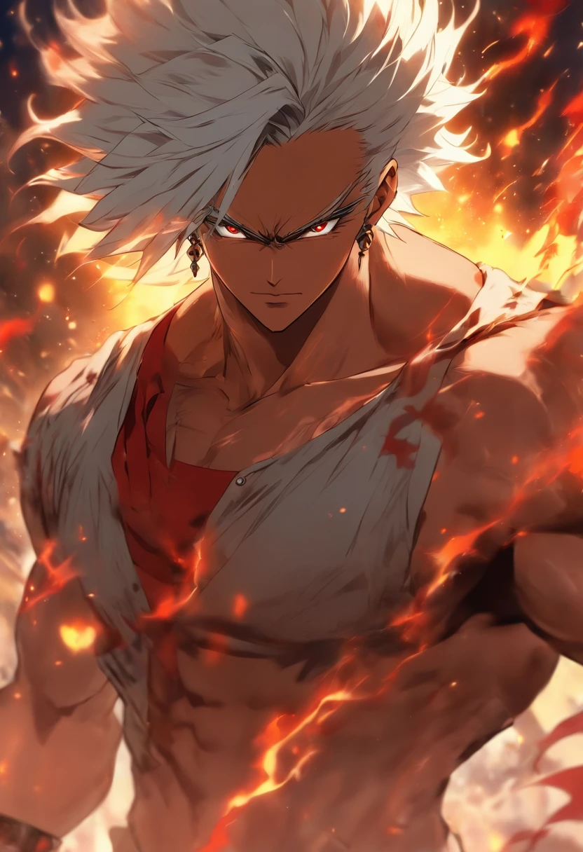 a male anime character with white hair and red eyes, character album cover, full art, antasy character, full art illustration, full portrait of elementalist, character profile art, official character art, official character illustration, merlin, high detailed official artwork, game key art, omoide emanon, oz, mobile game art, fangs, smurk, white hair, no shirt, muscular body, walking pose