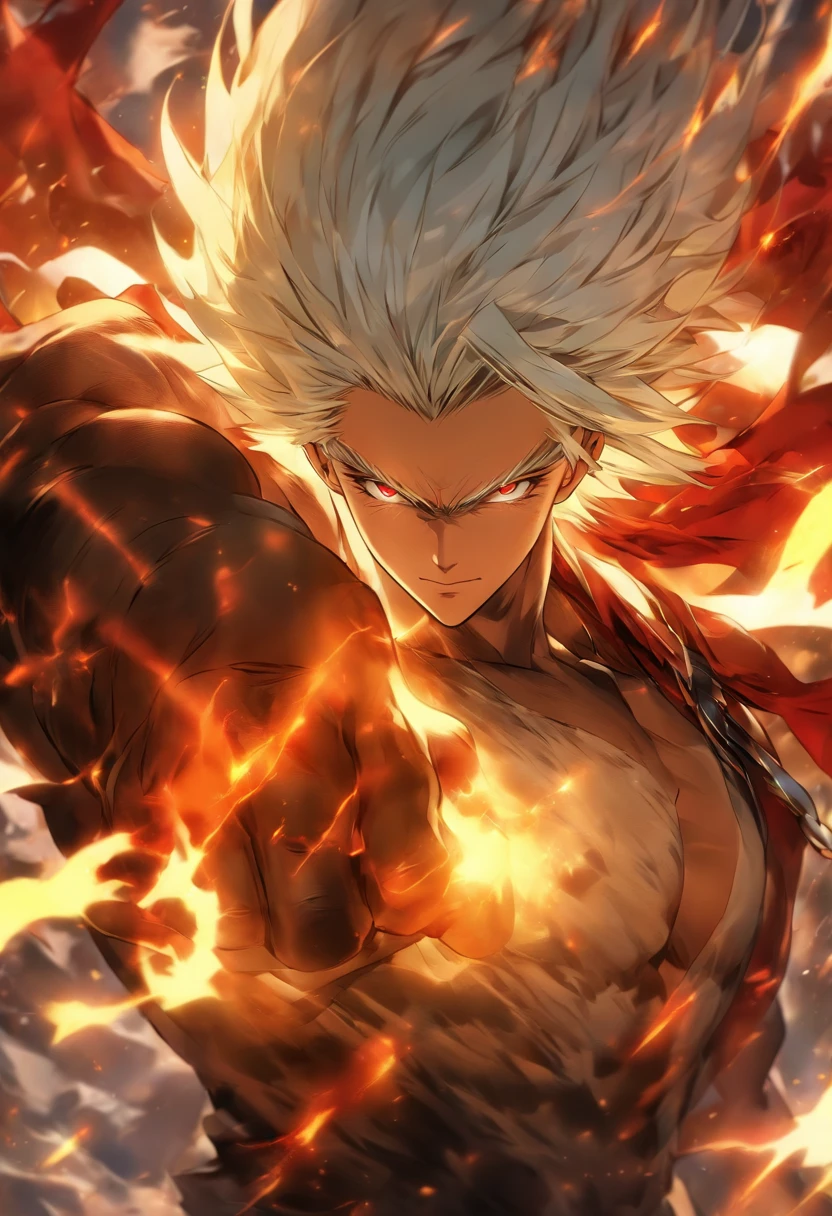 a male anime character with white hair and red eyes, character album cover, full art, antasy character, full art illustration, full portrait of elementalist, character profile art, official character art, official character illustration, merlin, high detailed official artwork, game key art, omoide emanon, oz, mobile game art, fangs, smurk, white hair, no shirt, muscular body, walking pose