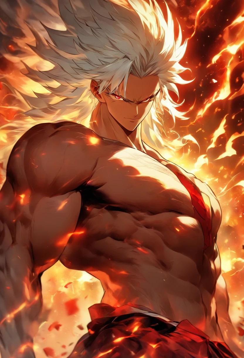 a male anime character with white hair and red eyes, character album cover, full art, antasy character, full art illustration, full portrait of elementalist, character profile art, official character art, official character illustration, merlin, high detailed official artwork, game key art, omoide emanon, oz, mobile game art, fangs, smurk, white hair, no shirt, muscular body, walking pose