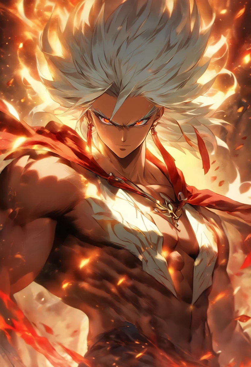a male anime character with white hair and red eyes, character album cover, full art, antasy character, full art illustration, full portrait of elementalist, character profile art, official character art, official character illustration, merlin, high detailed official artwork, game key art, omoide emanon, oz, mobile game art, fangs, smurk, white hair, no shirt, muscular body, walking pose