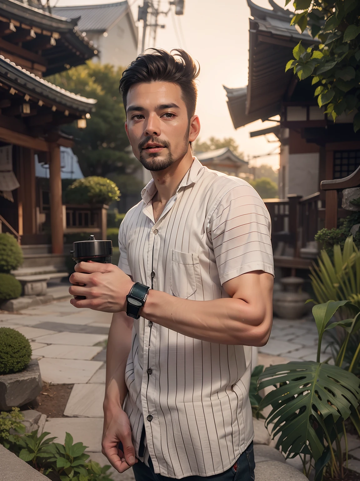 (one macho man), (American handsome muscular man in his 20's) , (short hair), (a lot of big hydrangea in the Japanese garden), mischievous smile, (small details: 1 in 1), natural muscles, higher quality, beautiful eye, (Detailed face and eyes), (face、: 1 of 2), noise, real pictures、... ...PSD, Sharp Focus, High Resolution 8k, Real & Professional Photography, 8K UHD, Soft Lighting, High Quality, Film Grain, FUJIFILM XT3
