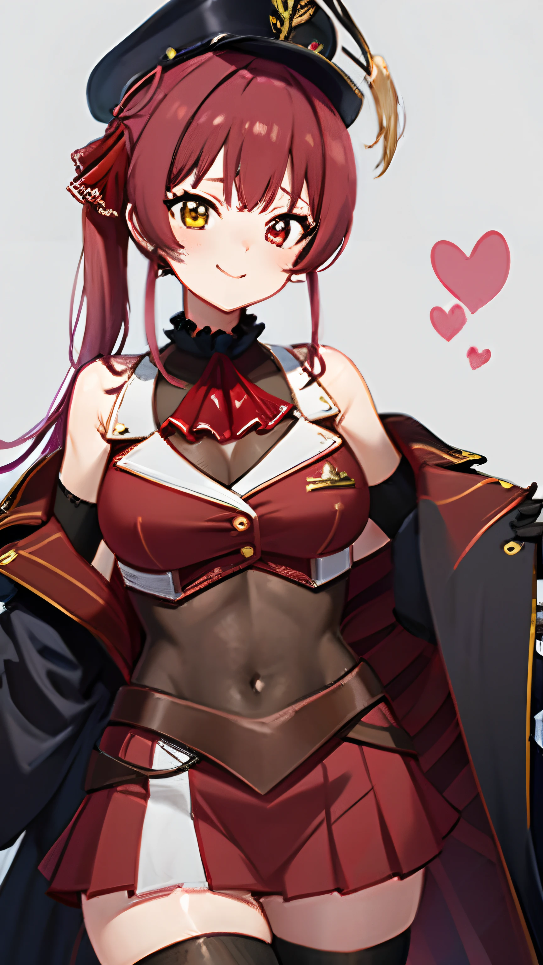 Houshou Marine
,houshouBase, Heterochromia, Red Eyes, Yellow eyes, Twin-tailed, Long hair, Hair Ribbon, Large breasts, White Gloves, frilled choker, Red Ascot, Leotard, Leotards under clothes, Red jacket, Cropped jacket, sleeveless jacket, Black coat, off shoulders, Bicorn, Red skirt, Miniskirt, Leather Belt, black thighhighs,A smile、das boot、Hats、sea