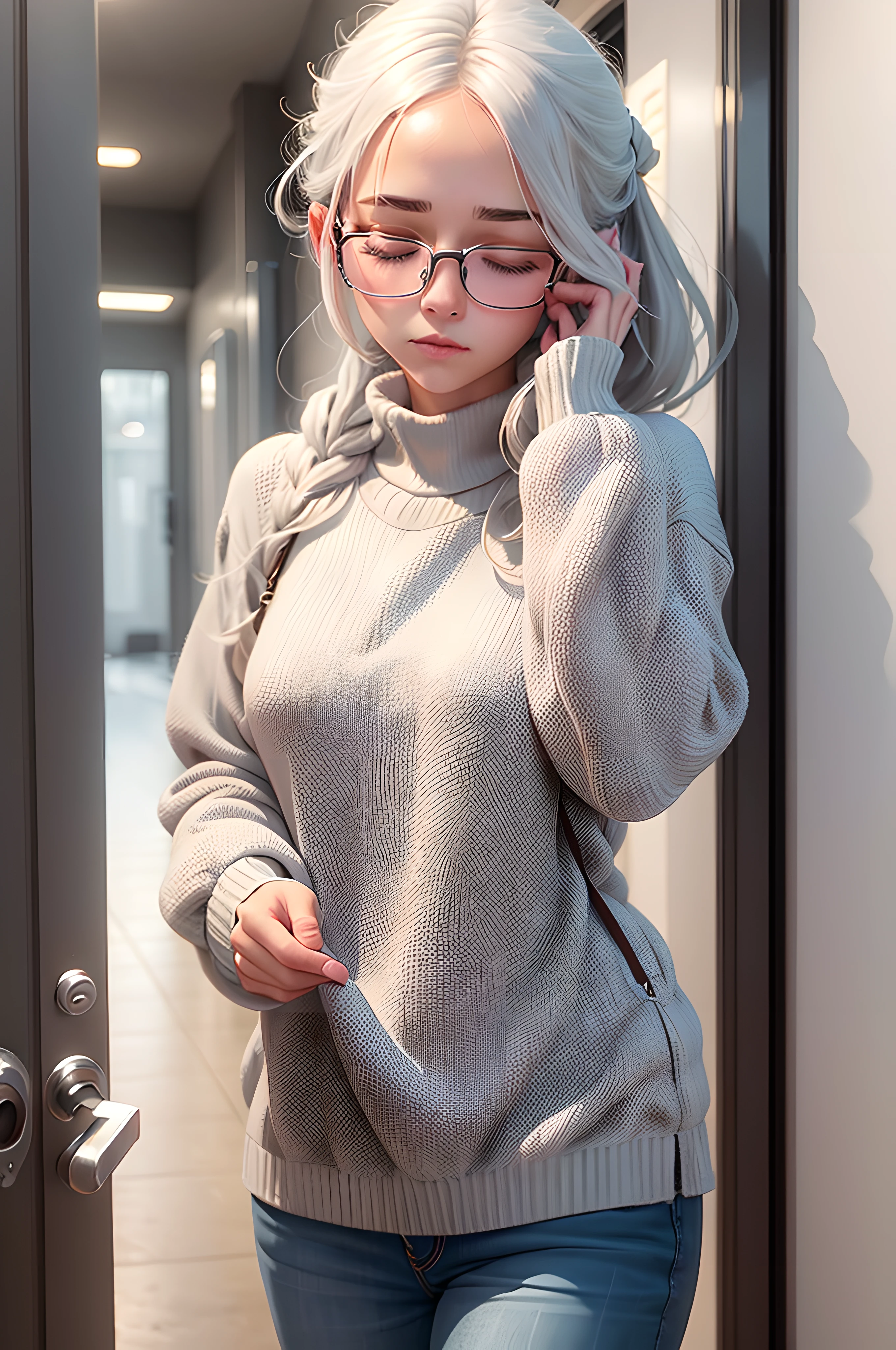 "A masterpiece image using stable diffusion. Fresh pastel colors are perfect for creating an atmosphere. The image shows a girl with gray hair in a high sweater collar, covers the face and has closed eyes. Her hair goes up, And glasses add intrigue. The background is presented in a flat style, And the colors are in perfect harmony with the main elements."