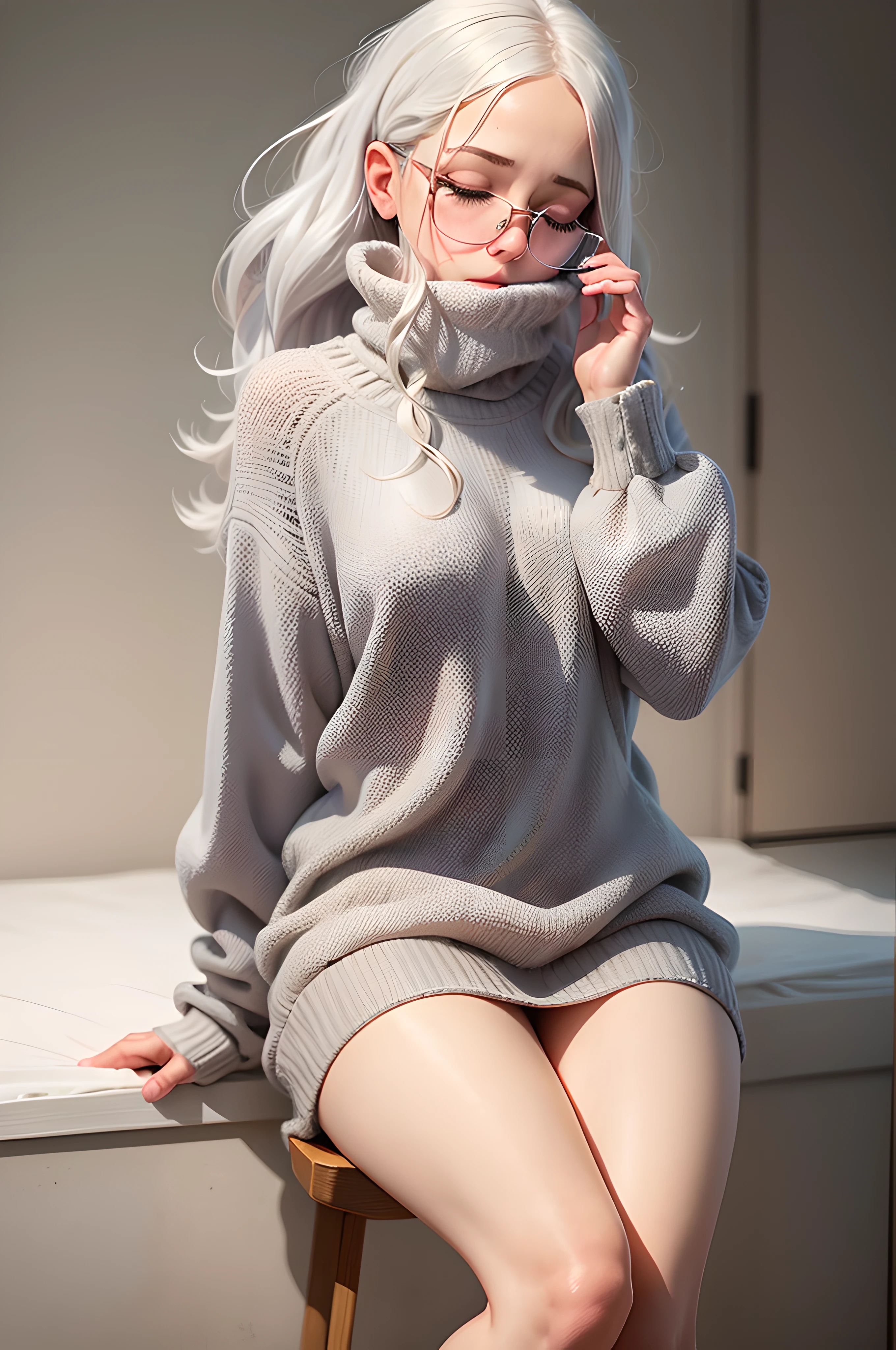 "A masterpiece image using stable diffusion. Fresh pastel colors are perfect for creating an atmosphere. The image shows a girl with gray hair in a high sweater collar, covers the face and has closed eyes. Her hair goes up, And glasses add intrigue. The background is presented in a flat style, And the colors are in perfect harmony with the main elements."