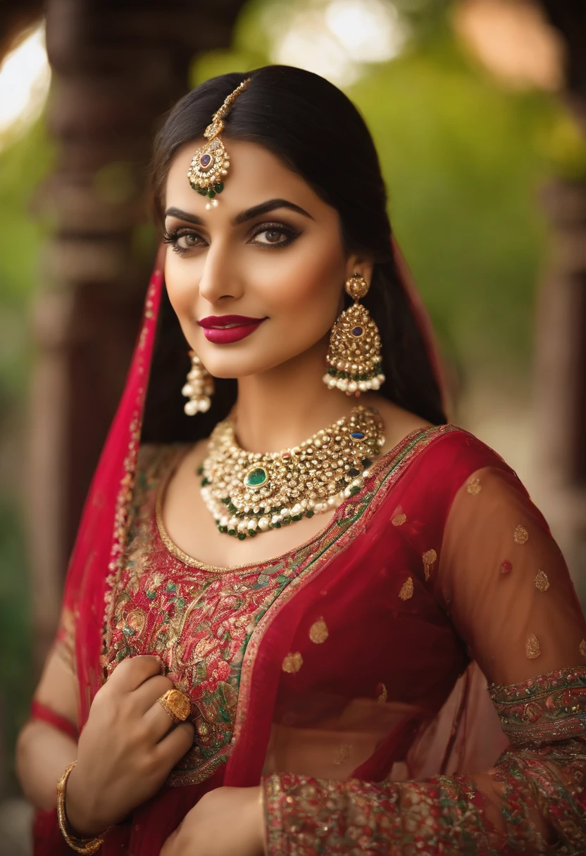 (best quality,4k,8k,highres,masterpiece:1.2),ultra-detailed,realistic, Punjabi girl with beautiful features in traditional attire [Punjabi girl,traditionally dressed girl], wearing a vibrant and intricately designed kurta [vibrant kurta, intricately designed kurta], with colorful embroidery [colorful embroidery, fine embroidery] highlighting the rich cultural heritage [cultural heritage,ethnic wear]. Her striking eyes [striking eyes,detailed eyes], adorned with thick eyelashes and kohl [thick eyelashes,kohl], exude elegance and charm. Her lips, painted with a deep shade of maroon [deep maroon lips,beautiful lips], add a touch of allure to her mesmerizing face [mesmerizing face, beautiful face]. The girl stands in a lush green garden [green garden,lush garden], surrounded by blooming flowers [blooming flowers,colorful flowers], creating a picturesque backdrop [picturesque backdrop,beautiful scenery]. The sunlight gently illuminates the scene, casting a warm glow [warm glow,natural lighting] on her radiant features. Vibrant colors [vibrant colors,colorful tones] and vivid details [vivid details,highly detailed] bring life to this realistic portrayal [realistic portrayal,authentic depiction]. The image depicts the artist's mastery [mastery of art,artistic skill] of capturing the essence of Punjabi beauty [Punjabi beauty,cultural aesthetics] with finesse [with finesse,with precision].