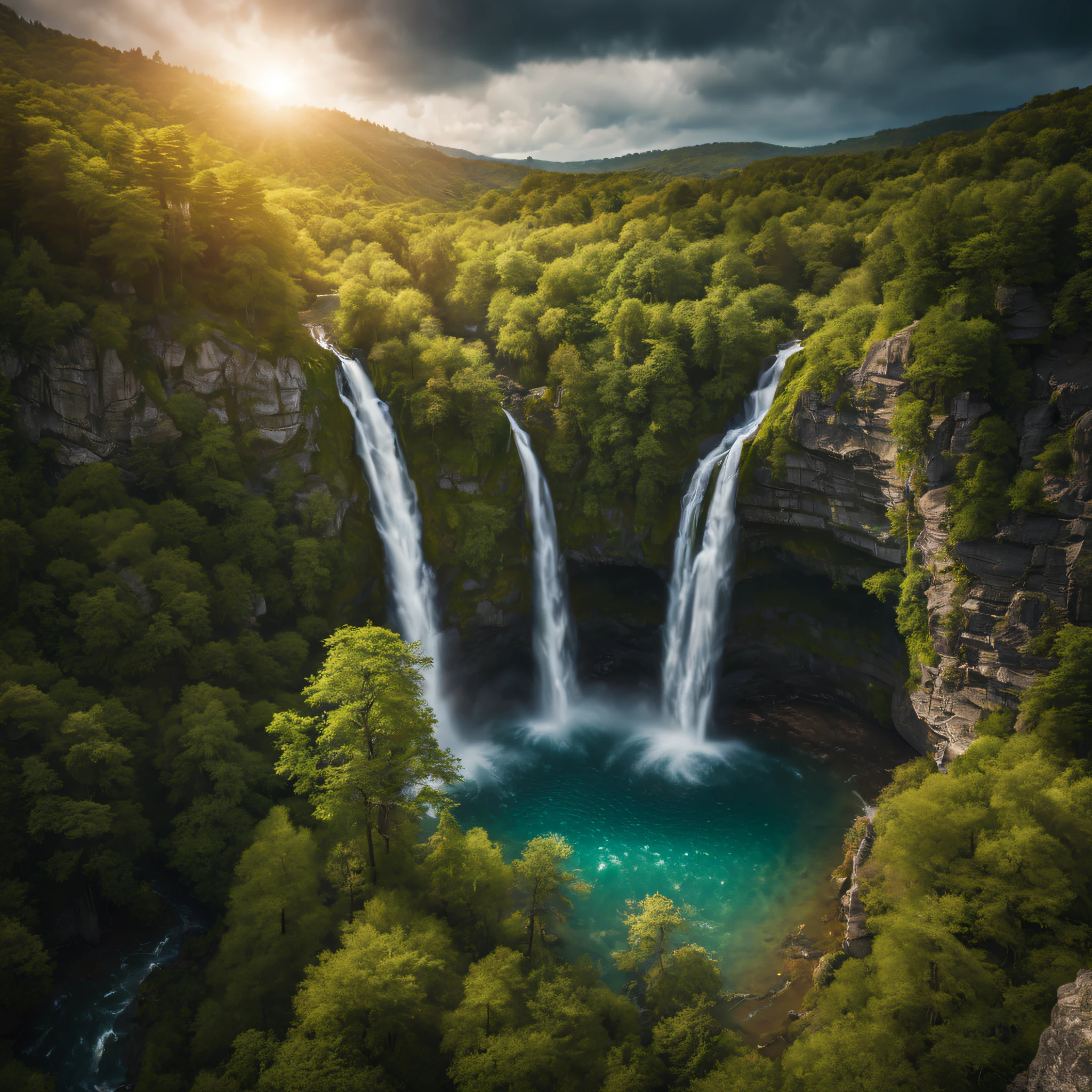 (best quality,4k, highly detailed:1.2), realistic image, landscape photography, waterfall, drone shots, RAW, vivid colors, ultra-fine details, studio lighting
