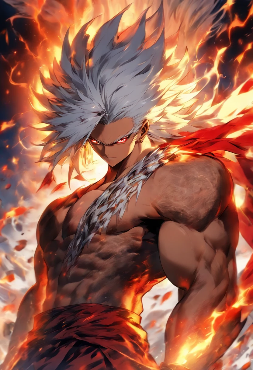 a male anime character with white hair and red eyes, character album cover, full art, antasy character, full art illustration, full portrait of elementalist, character profile art, official character art, official character illustration, merlin, high detailed official artwork, game key art, omoide emanon, oz, mobile game art, fangs, smurk, white hair, no shirt, muscular body, walking pose