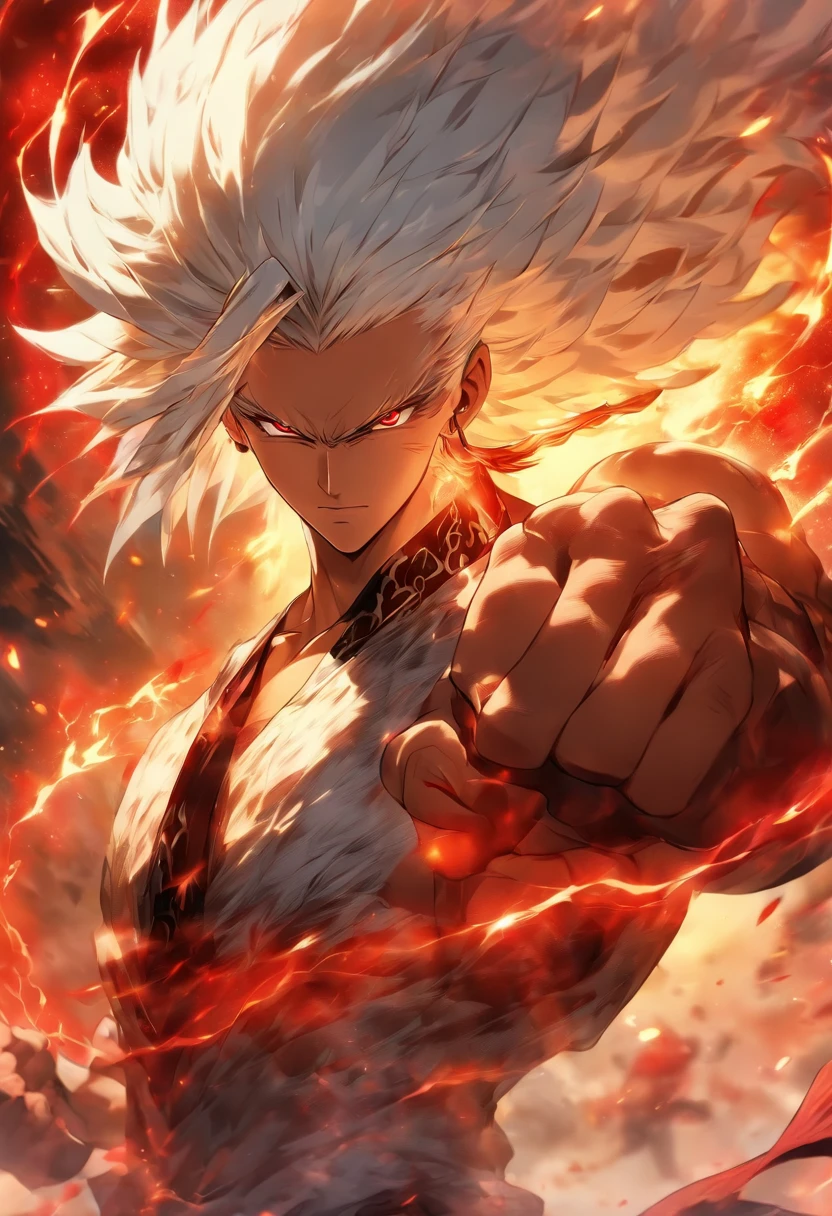 a male anime character with white hair and red eyes, character album cover, full art, antasy character, full art illustration, full portrait of elementalist, character profile art, official character art, official character illustration, merlin, high detailed official artwork, game key art, omoide emanon, oz, mobile game art, fangs, smurk, white hair, no shirt, muscular body, walking pose