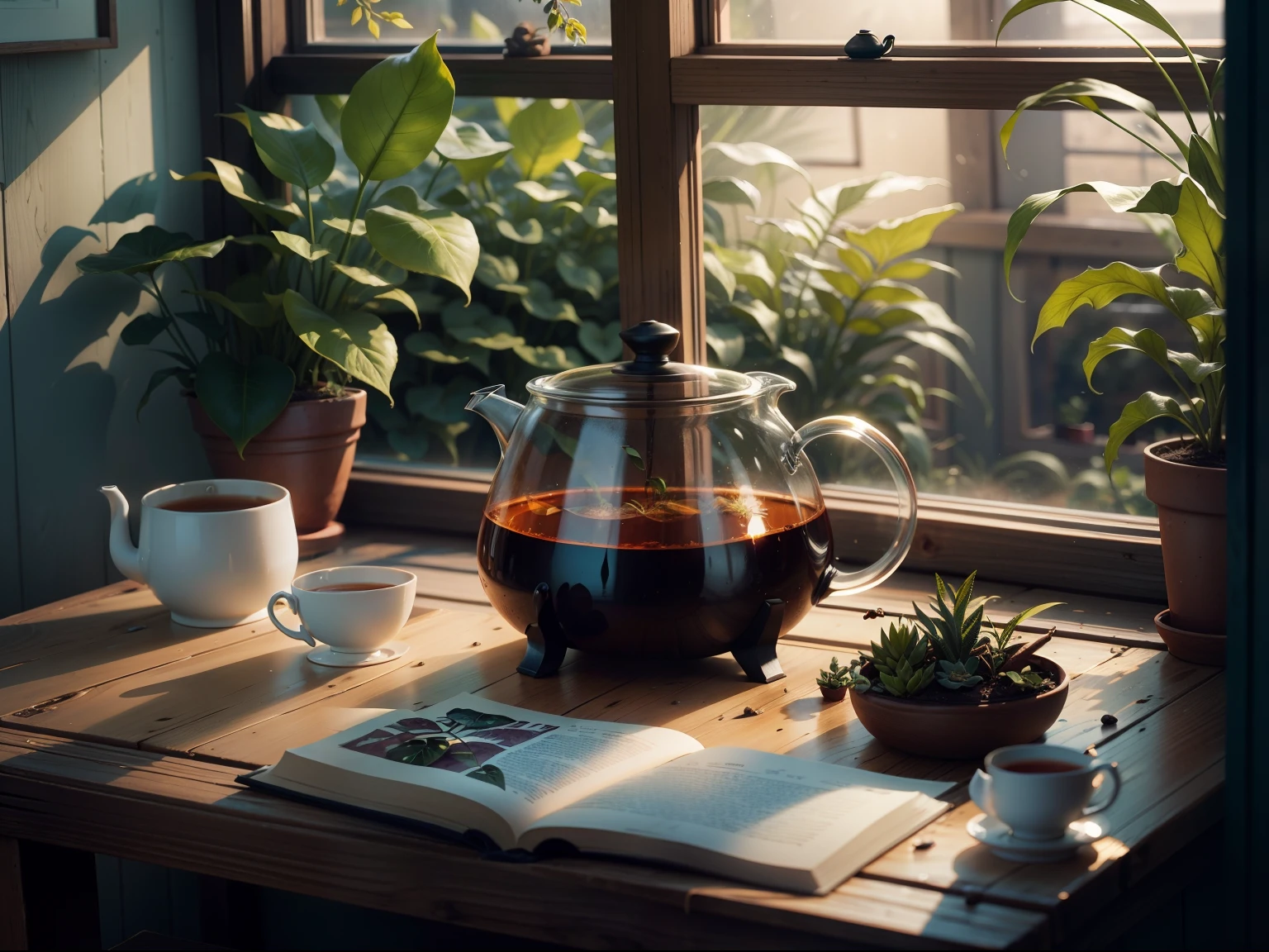 Hot tea on a wooden table next to a window with many plants