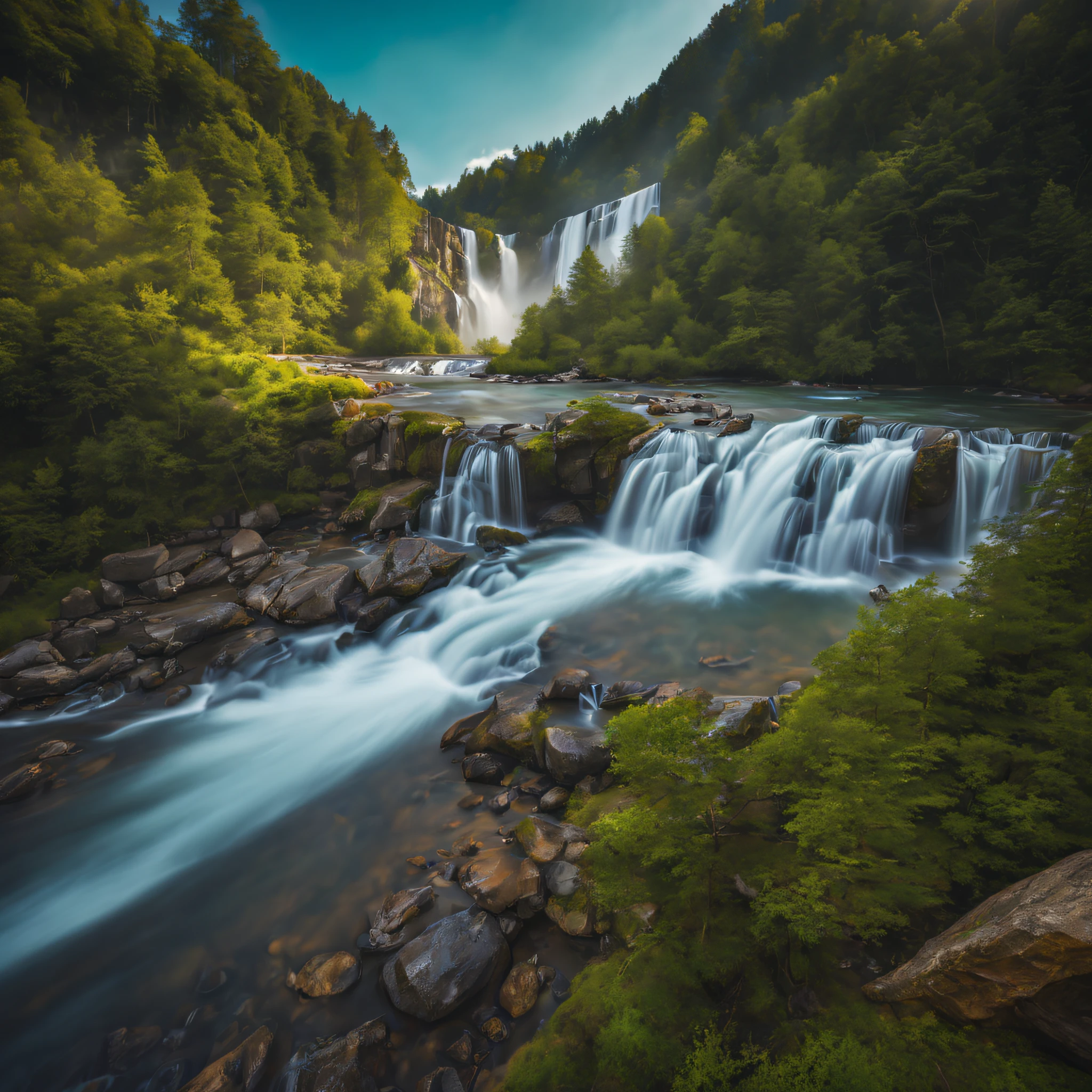 (best quality,4k, highly detailed:1.2), realistic image, landscape photography, waterfall, drone shots, RAW, vivid colors, ultra-fine details, studio lighting