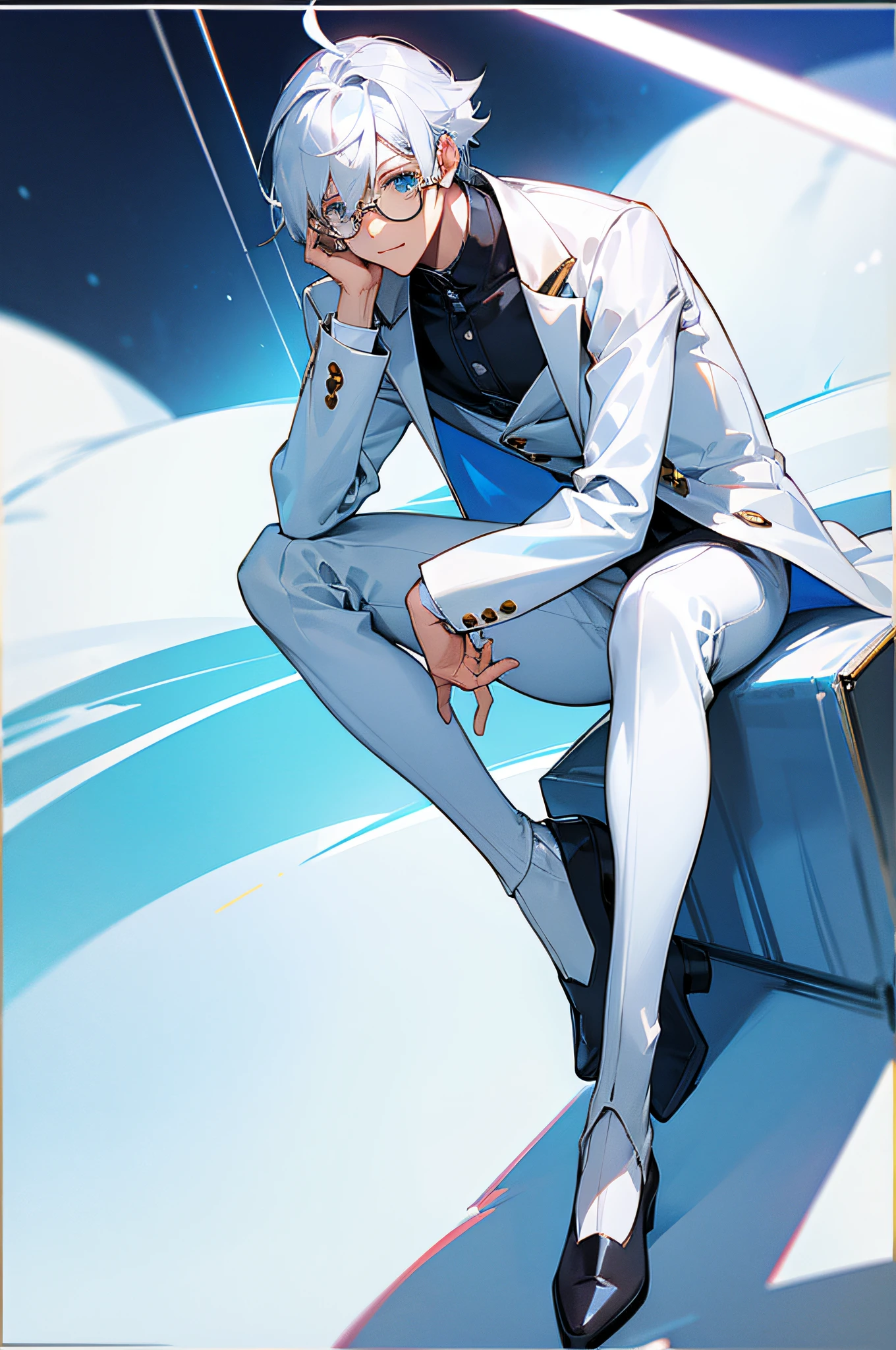 16k,male people,Blue-white hair,White suit。Square frame glasses,Sit Pose,Sunny and cheerful。