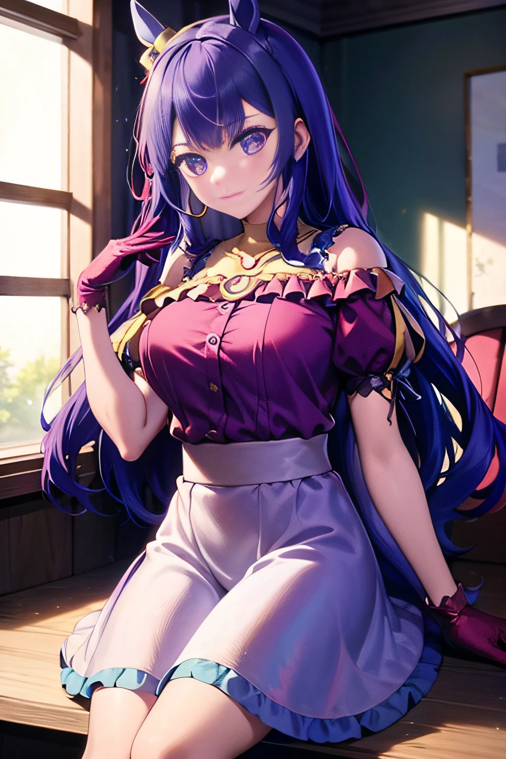 Colors with a calm atmosphere、​masterpiece, hightquality, Hi-Res, Idol、cute little、a beauty girl、Purple hair color、red outfit、Beautuful Women、女優、cowboy  shot, , sitting on, hoop earrings,Anime、Synthesis of Mejiro McQueen and Hoshino Ai、Horse Musume、Guess 