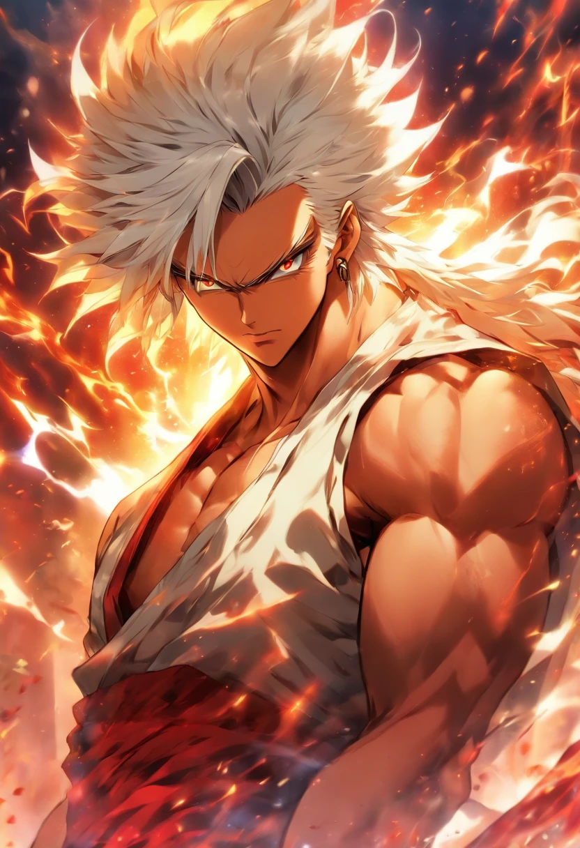 a male anime character with white hair and red eyes, character album cover, full art, antasy character, full art illustration, full portrait of elementalist, character profile art, official character art, official character illustration, merlin, high detailed official artwork, game key art, omoide emanon, oz, mobile game art, fangs, smurk, white hair, no shirt, muscular body, walking pose