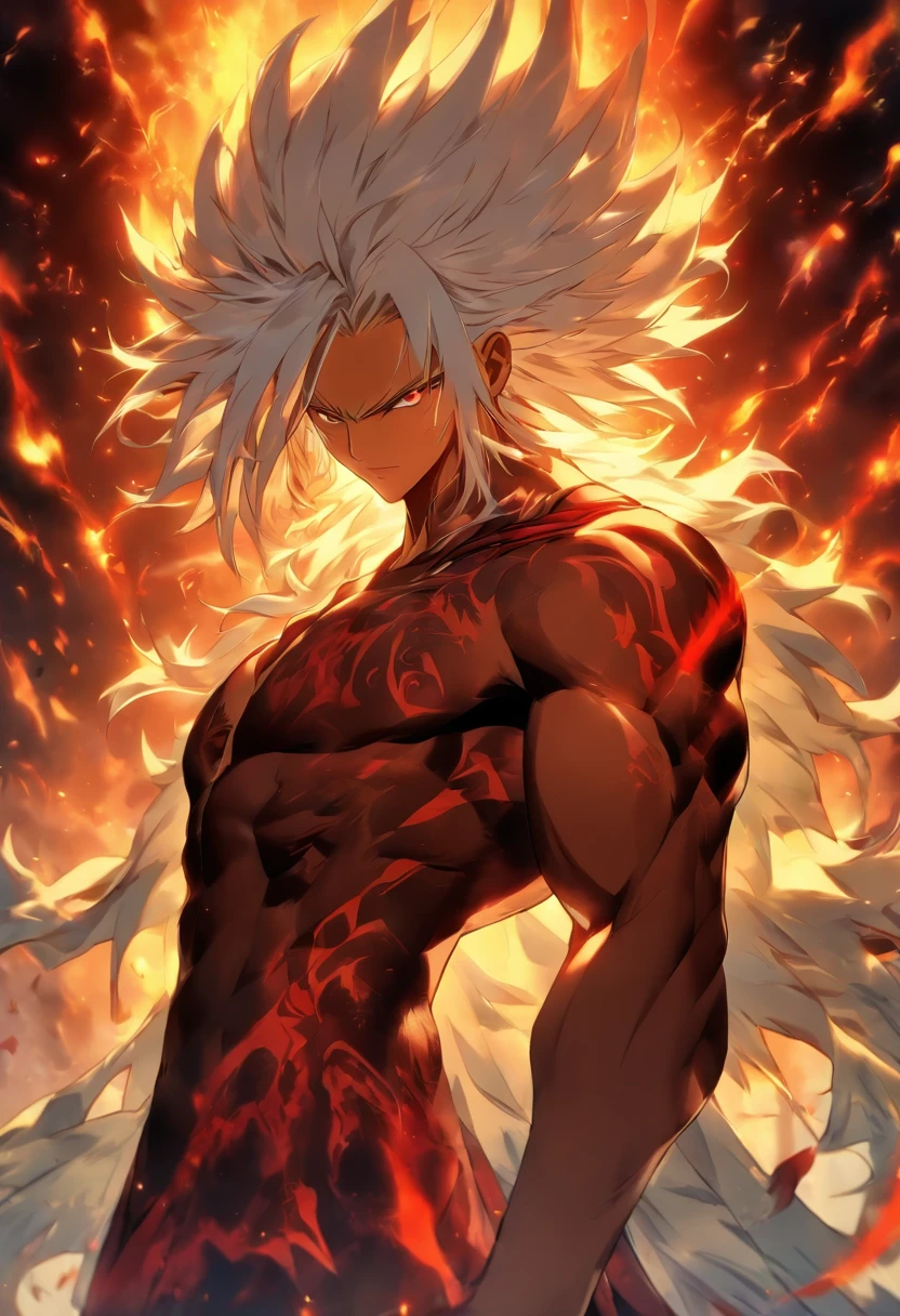 a male anime character with white hair and red eyes, character album cover, full art, antasy character, full art illustration, full portrait of elementalist, character profile art, official character art, official character illustration, merlin, high detailed official artwork, game key art, omoide emanon, oz, mobile game art, fangs, smurk, white hair, no shirt, muscular body, walking pose