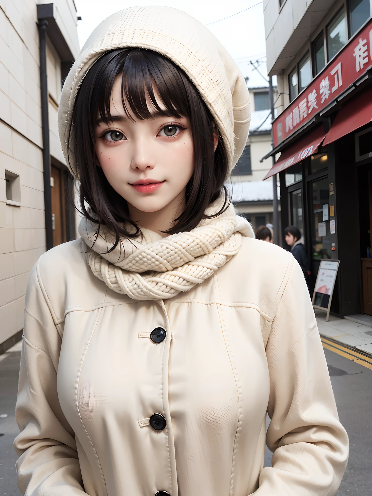 (masutepiece, top-quality),1girl in, 独奏, Black lustrous hair, scarf, Hats,, realisitic, looking at the viewers, black eyes of light color, shorth hair, coat, Winter clothes, White headscarf, s lips, lipgloss,bangss,, a closed mouth, The upper part of the body、big eye、Lashes、((Street))、((Shorthair with bangs、big eye、Put very strong highlights in your students、very Bigger breasts、gazing at viewer、Very beautiful beauty、Put out all your ears、long neck、little smiling、Close your mouth and smile)))、