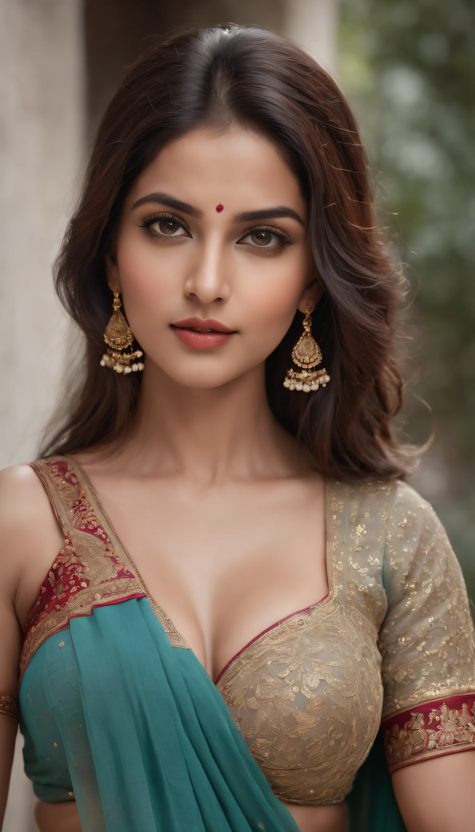 walking in a moonlit courtyard, exotic girl, beautiful indian,(indian babe:1.1), looking at the viewer, shining skin, perfect lighting, the embodiment of grace and elegance, (saree,bra:1.1), (Big Tits:1.3), clear curvy details, beautiful curves, detailed eyes, detailed pupil, Ultra Detailed, unity 8k wallpaper, ultra detailed, aesthetic, masterpiece, best quality, photorealistic