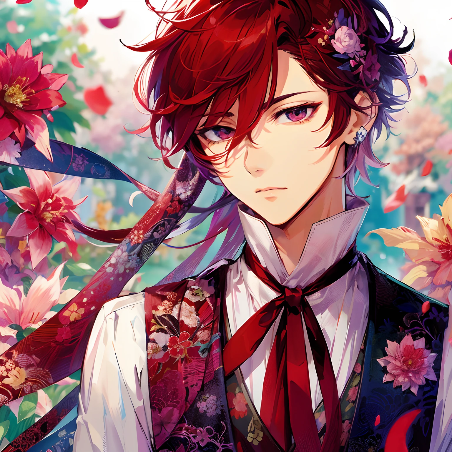 Japanese anime, Handsome young man, Red hair, dark purple eyes, Gorgeous floral shirt, vests, Single Love Flower, Hair decorated with flowers, Colorful flower garden background, Falling petal effect.