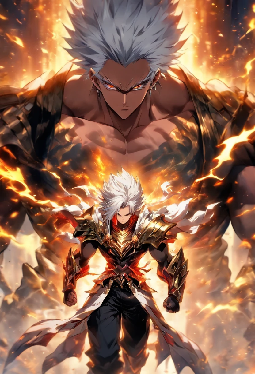 a male anime character with white hair and red eyes, character album cover, full art, antasy character, full art illustration, full portrait of elementalist, character profile art, official character art, official character illustration, merlin, high detailed official artwork, game key art, omoide emanon, oz, mobile game art, fangs, smurk, white hair, no shirt, muscular body, walking pose, white clothes, gold armor on the arms