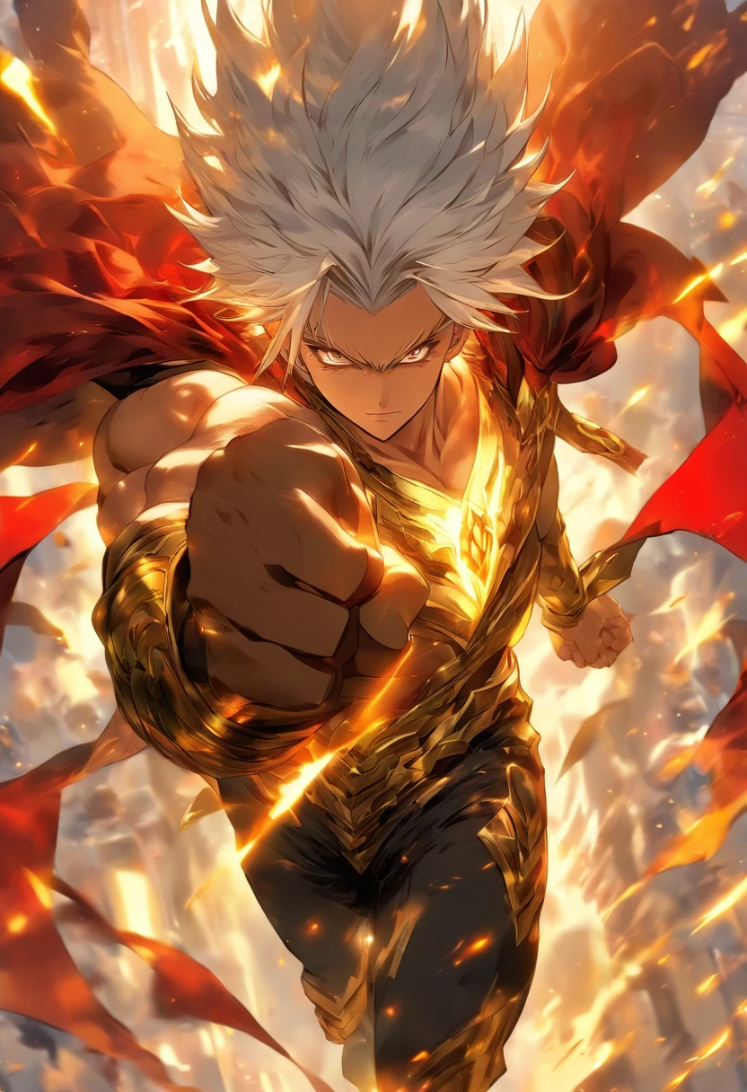 a male anime character with white hair and red eyes, character album cover, full art, antasy character, full art illustration, full portrait of elementalist, character profile art, official character art, official character illustration, merlin, high detailed official artwork, game key art, omoide emanon, oz, mobile game art, fangs, smurk, white hair, no shirt, muscular body, walking pose, white clothes, gold armor on the arms