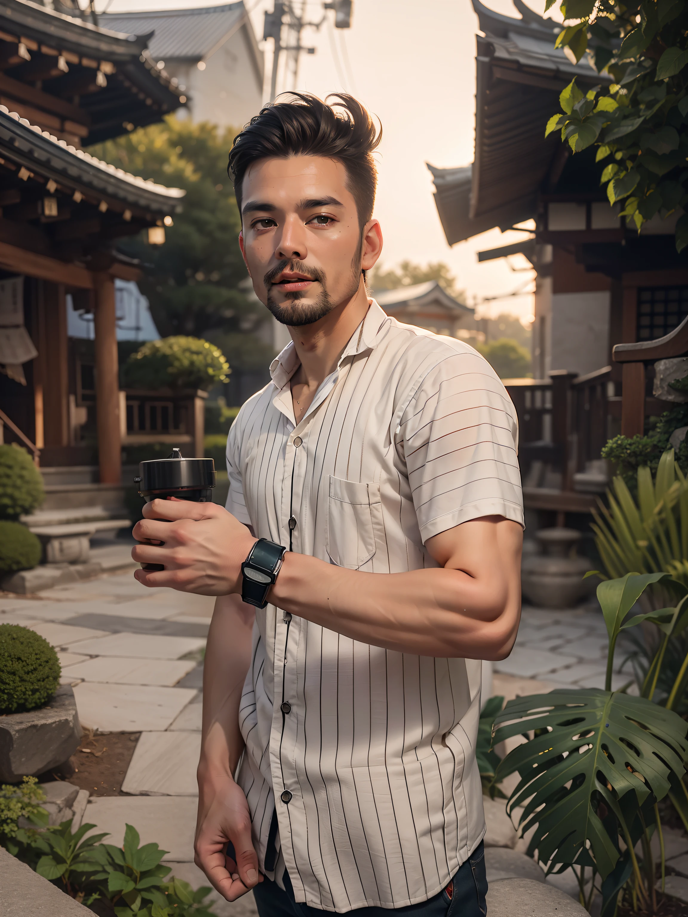 (one macho man), (American handsome muscular man in his 20's) , (short hair), (a lot of big hydrangea in the Japanese garden), mischievous smile, (small details: 1 in 1), natural muscles, higher quality, beautiful eye, (Detailed face and eyes), (face、: 1 of 2), noise, real pictures、... ...PSD, Sharp Focus, High Resolution 8k, Real & Professional Photography, 8K UHD, Soft Lighting, High Quality, Film Grain, FUJIFILM XT3