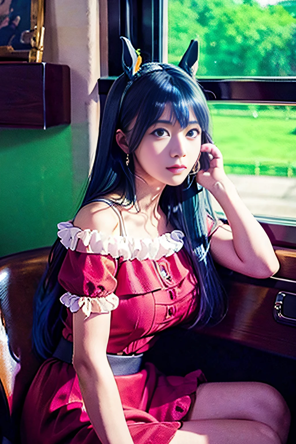 Colors with a calm atmosphere、​masterpiece, hightquality, Hi-Res, Idol、cute little、a beauty girl、((horse ear))、Blue-violet hair color、red outfit、Beautuful Women、女優、cowboy  shot, , sitting on, hoop earrings,Anime、Synthesis of Mejiro McQueen and Ai Hoshino、Horse Musume、Guess 