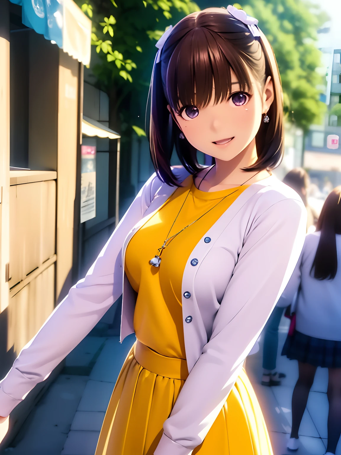 hight resolution,8K,Best Quality,detaileds,semi - realistic anime,Anime 3D Style,Smooth Anime CG,1 girl in,20 year old woman in Japan,slim,modeled,shiny chestnut hair,Medium Hair,Detailed face,Beautiful and detailed eyes,Glowing skin,(Long sleeve top、long  skirt),earring beautiful,a necklace,tag, with light glowing, plein air, (a street:0.8), (a person, Large crowds:1),Beautiful details sky, (dynamicposes:0.8),Hard Focus、film grains,Soft lighting,the wind,looking at the viewers,Smile with open mouth