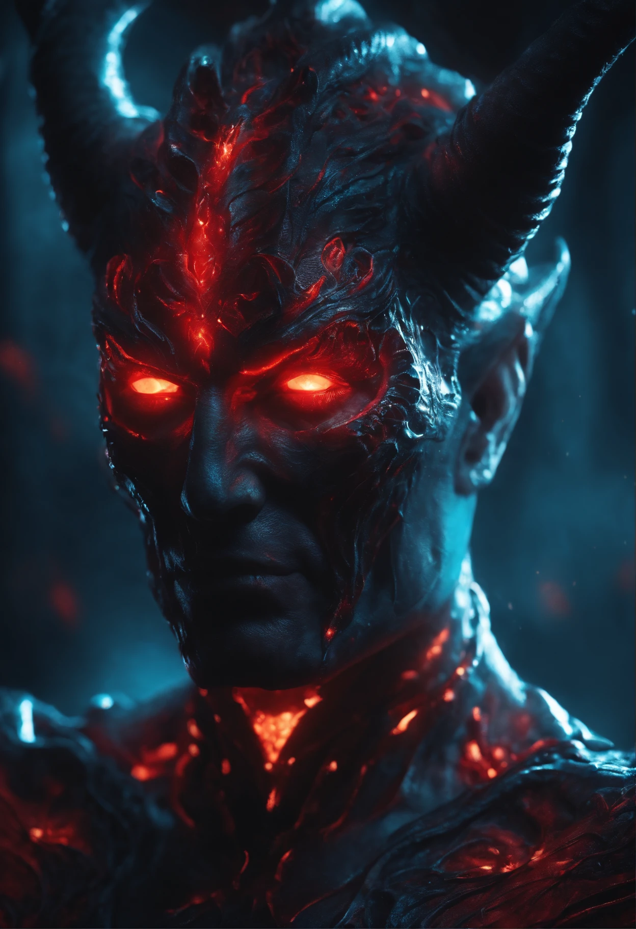 The demon Satan, glowing light eyes, Biomechanical, Very bright colors, Light particles, with light glowing, Mshiv, wallpaper art, UHD wallpaper,Intense red-blue shadow