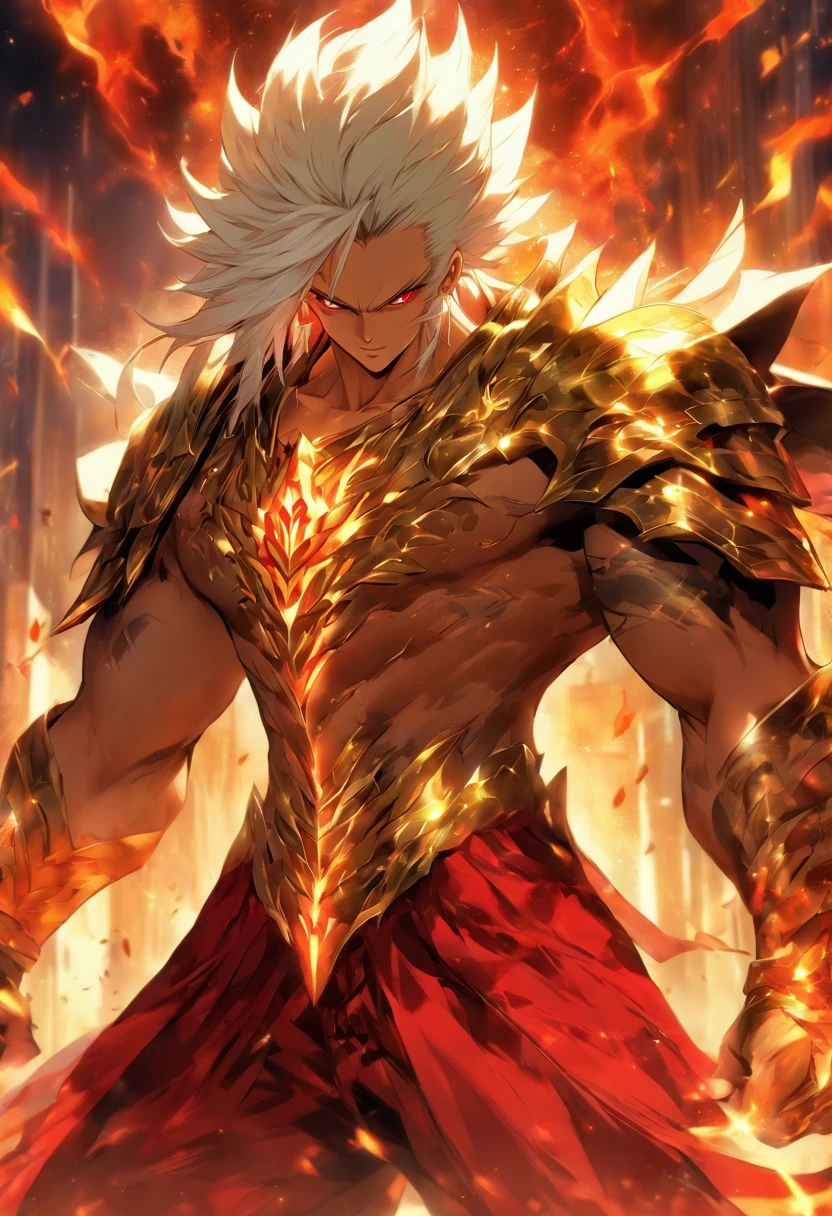 a male anime character with white hair and red eyes, character album cover, full art, fantasy character, full art illustration, full portrait of elementalist, character profile art, official character art, official character illustration, merlin, high detailed official artwork, game key art, mobile game art, fangs, smurk, white hair, no shirt, muscular body, walking pose, white clothes, gold armor on the arms