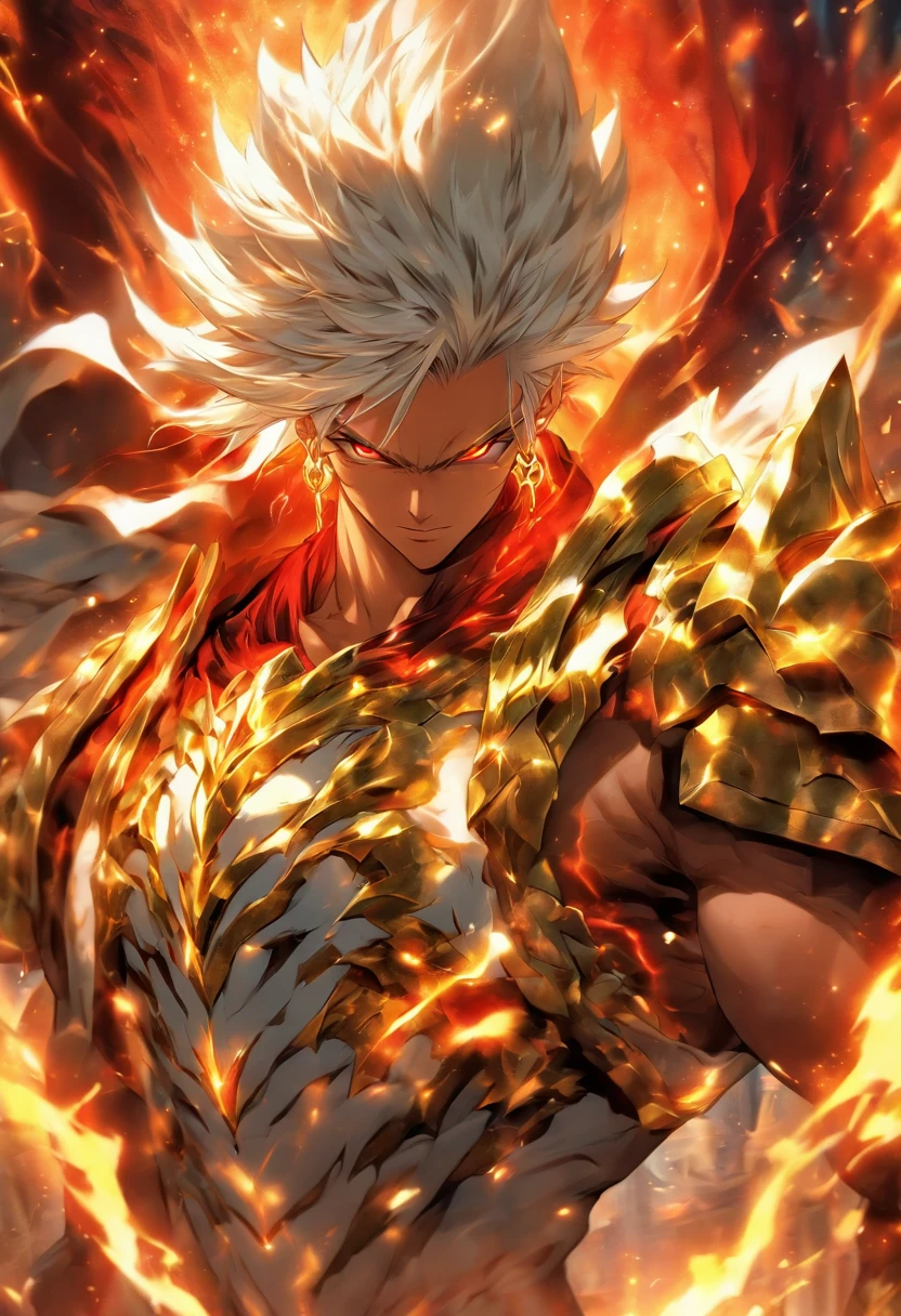 a male anime character with white hair and red eyes, character album cover, full art, fantasy character, full art illustration, full portrait of elementalist, character profile art, official character art, official character illustration, merlin, high detailed official artwork, game key art, mobile game art, fangs, smurk, white hair, no shirt, muscular body, walking pose, white clothes, gold armor on the arms