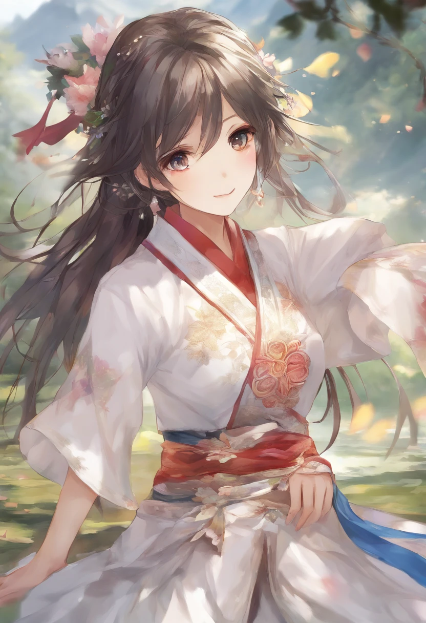 Best quality, masutepiece, 超高分辨率, (Realistic: 1.4), xiuxian, Smiling, Shy, nabel, Delicate makeup, Gorgeous jewelry, Horse face dress, Detal Face,, 1 girl, White clothes, Lotus print, Maple leaf print, Solo, arma, (Magical Circle: 1.2), xiuxian, Upper body, Beautiful girl, A half body, east asian architecture, sword sheath, setting up,