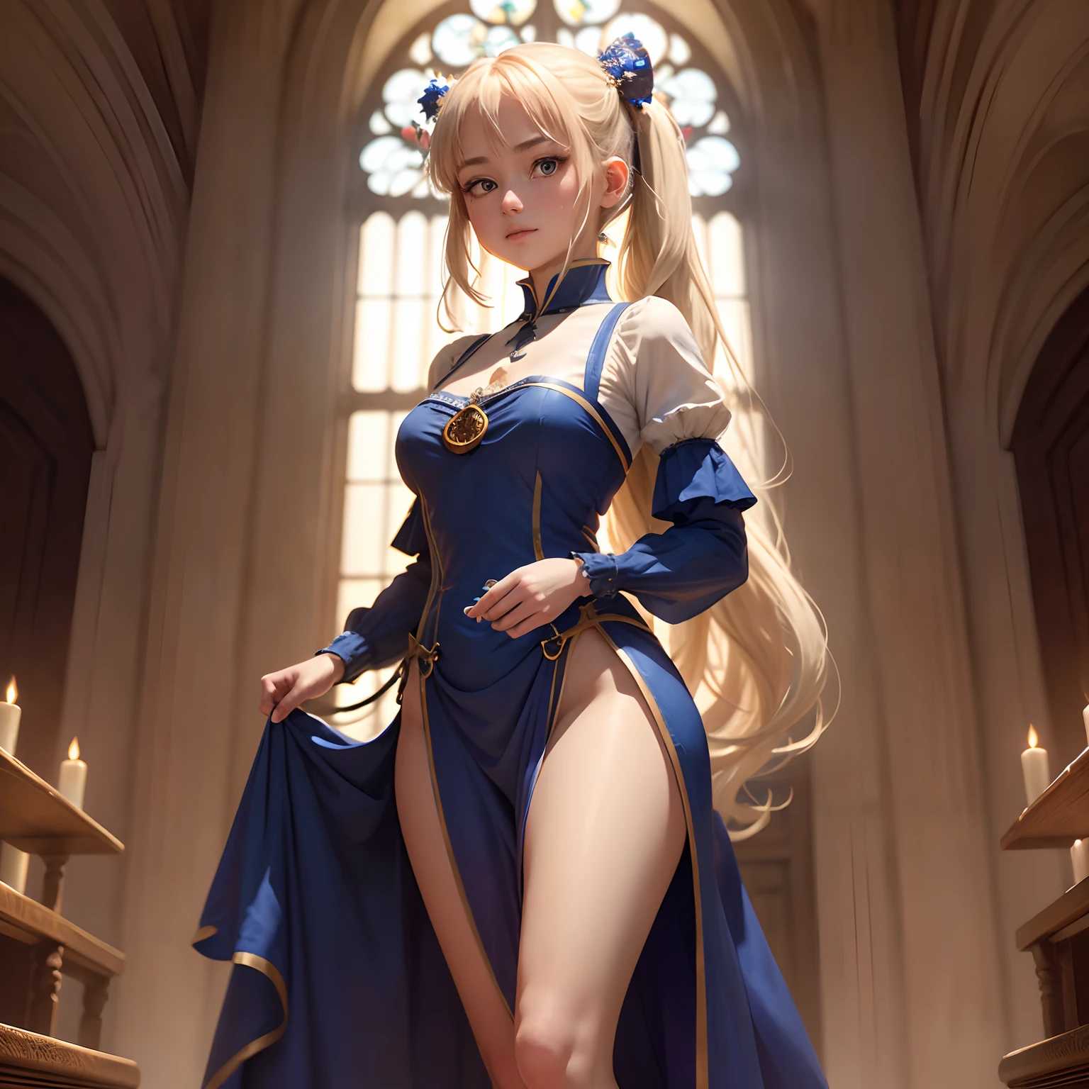 (the Extremely Detailed CG Unity 8K Wallpapers), most beautiful artwork in the world, 1girl in, full body Esbian ,Petite girl with blonde twin tails,((Great Hall of the Middle Ages)),Daytime,A slight smil,Look at viewers,((Luxury marble saloon)),Ganbaru Female Samurai,Carry wine,Carry food,((Blue See-Through Made Dress)),((stain glass)),chandeliers