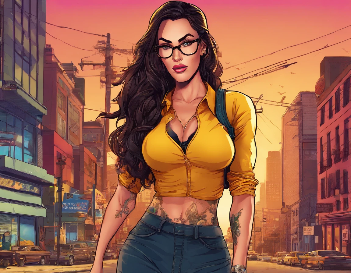 Digital illustration of Megan fox,best quality, masterpiece, cinematic lighting, intricate, cinematic detailed realistic background, detailed face, full body, huge breasts, realistic, ligne claire, , , 1girl jogging, cityscape, night, tied shirt, looking at viewer, tattoo, model pose, open cardigan, ringed yellow eyes, streetlight, lamppost, yoga pants, split-color hair, glasses,, ,