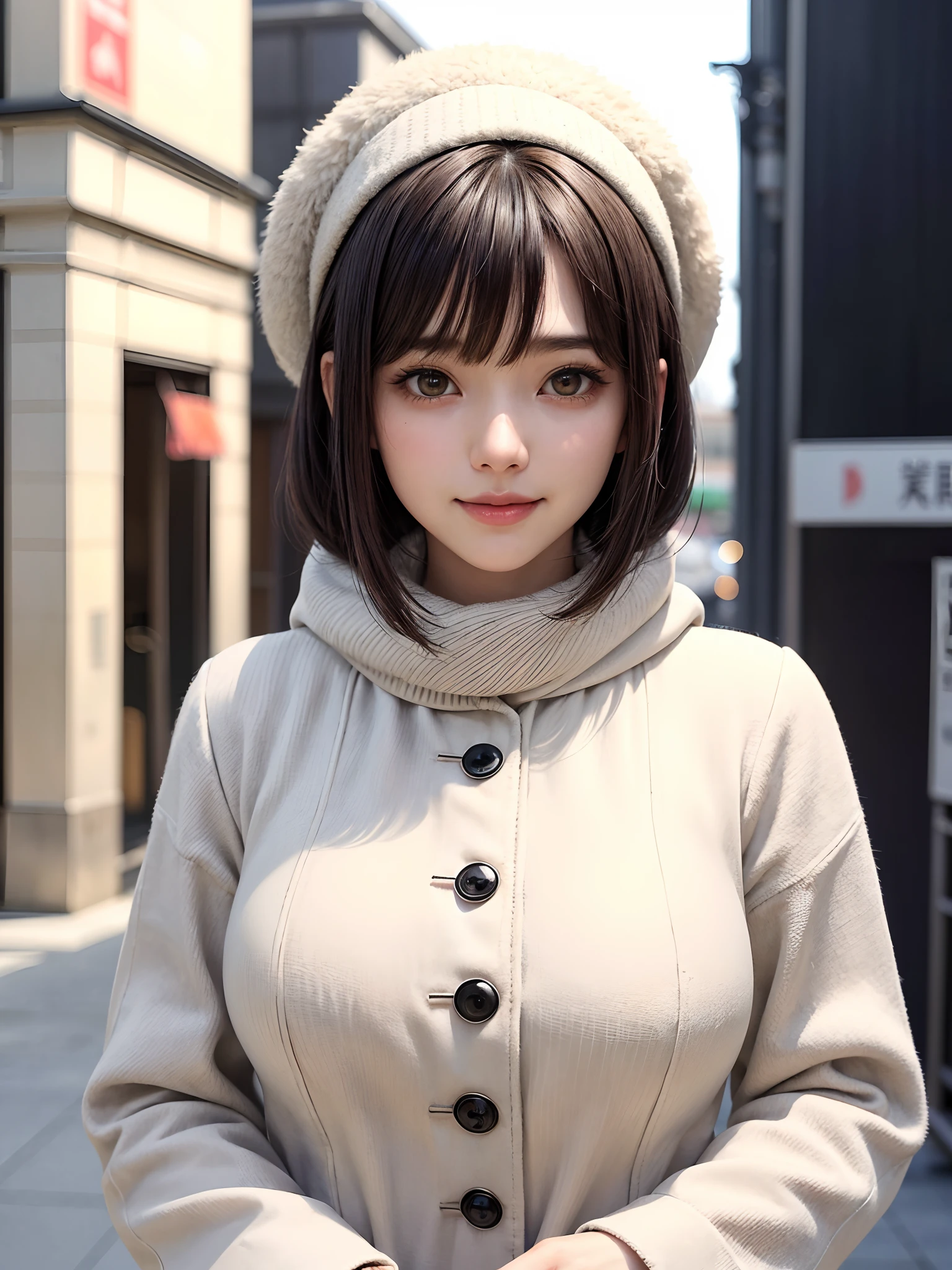 (masutepiece, top-quality),1girl in, 独奏, Black lustrous hair, scarf, Hats, realisitic, looking at the viewers, black eyes of light color, shorth hair, coat, Winter clothes, White headscarf, s lips, lipgloss,bangss,, a closed mouth, The upper part of the body、big eye、Lashes、((Street))、((Shorthair with bangs、big eye、Put very strong highlights in your students、very Bigger breasts、gazing at viewer、Very beautiful beauty、Put out all your ears、long neck、little smiling、Close your mouth and smile、Look firmly at the camera)))、
