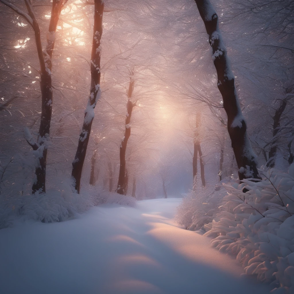 Snowy trees,There is dew on the edges of the leaves,magic hour,photorealistic cinematic render, cinematic 3d render, realistic cgi render, neve, inverno, estilo anime