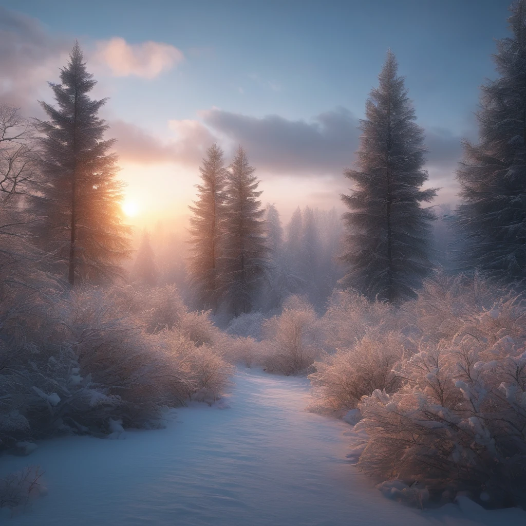 Snowy trees，There is dew on the edges of the leaves，magic hour，photorealistic cinematic render, cinematic 3d render, realistic cgi render, neve, inverno, estilo anime