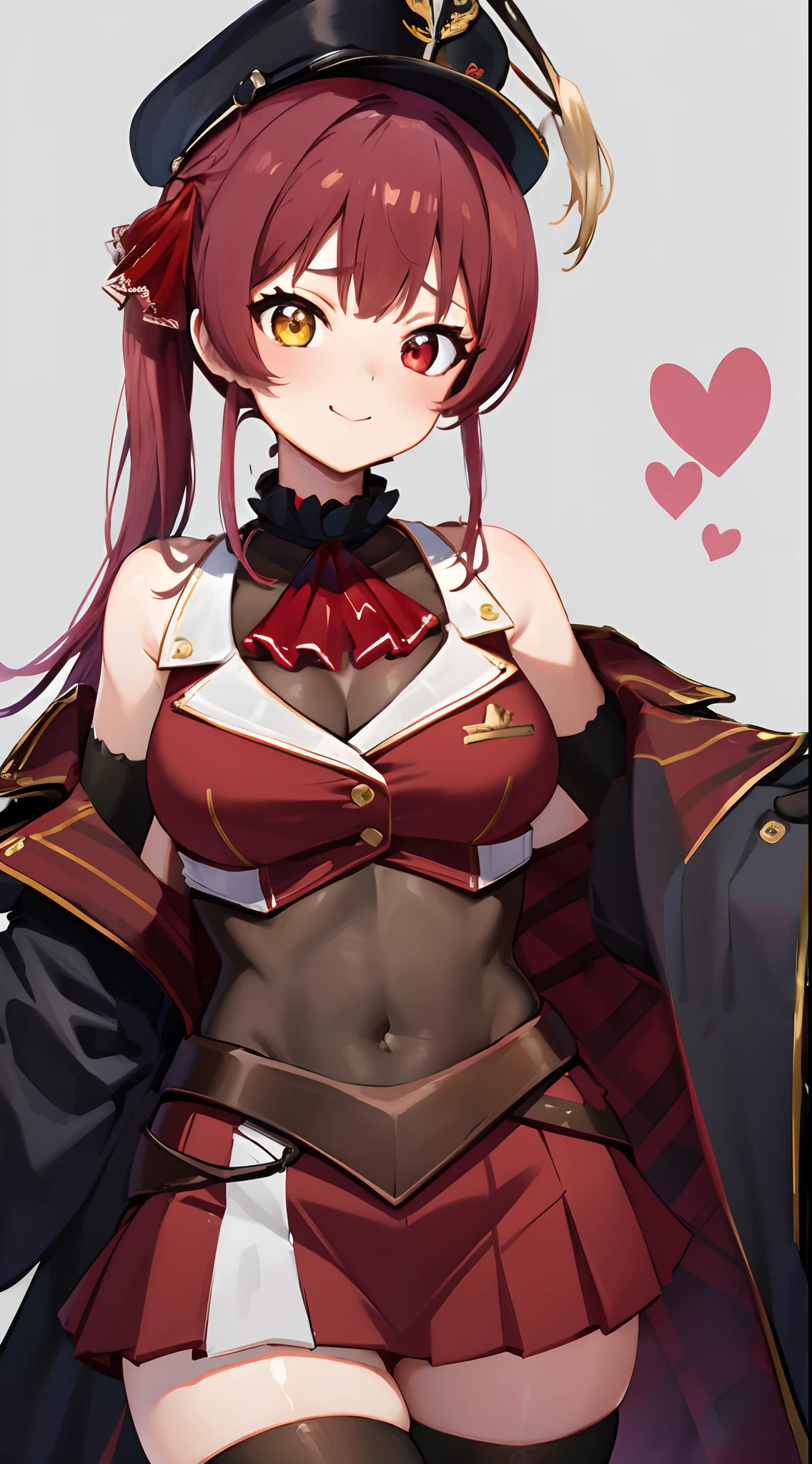 Houshou Marine
,houshouBase, Heterochromia, Red Eyes, Yellow eyes, Twin-tailed, Long hair, Hair Ribbon, Large breasts, White Gloves, frilled choker, Red Ascot, Leotard, Leotards under clothes, Red jacket, Cropped jacket, sleeveless jacket, Black coat, off shoulders, Bicorn, Red skirt, Miniskirt, Leather Belt, black thighhighs,A smile、das boot、Hats、Sea