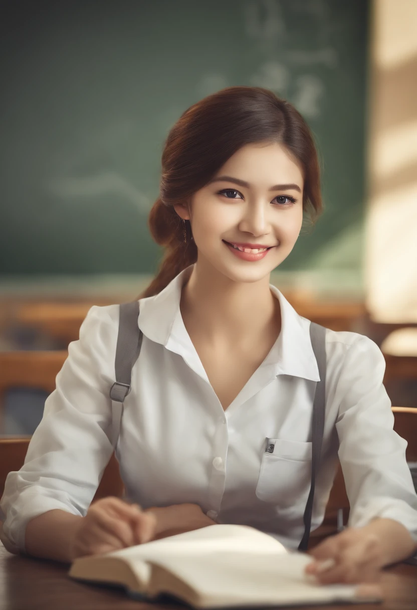 Small face,(Best Quality,Ultra-detailed,Realistic:1.37),1 girl, Female, teacher, Wearing a teacher's uniform, Miniskirt, Beautiful detail eyes and lips, Smile, Professional,Portrait,Digital Painting,Studio Lighting,Vivid colors,Long hair,School,Educational environment,Teaching,chalk board,crass room,dispatch,Books,teaching materials,Chalkboard eraser,Writing,lesson,Sitting,desk work,Students,learning,instructive,A commanding,Enthusiastic,positive,Sunny Room,Cheerful,Happiness,grateful,trust,Positive Role Models,Teaching career, School life,interaction,Women's Empowerment,empowering,self-expression.