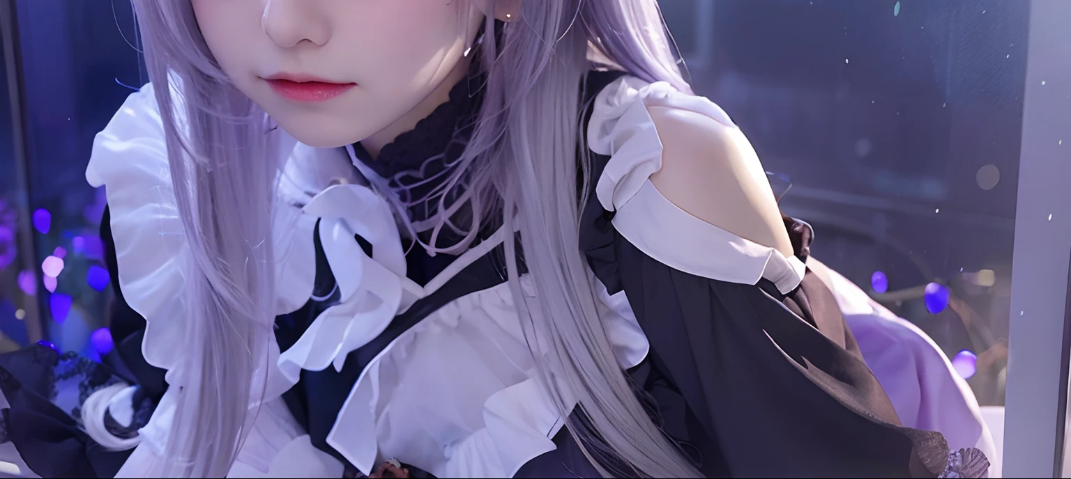 1girl, rita rossweisse, purple dress, Long hair, light gray, realistic, ultra detail, 70mm lens.