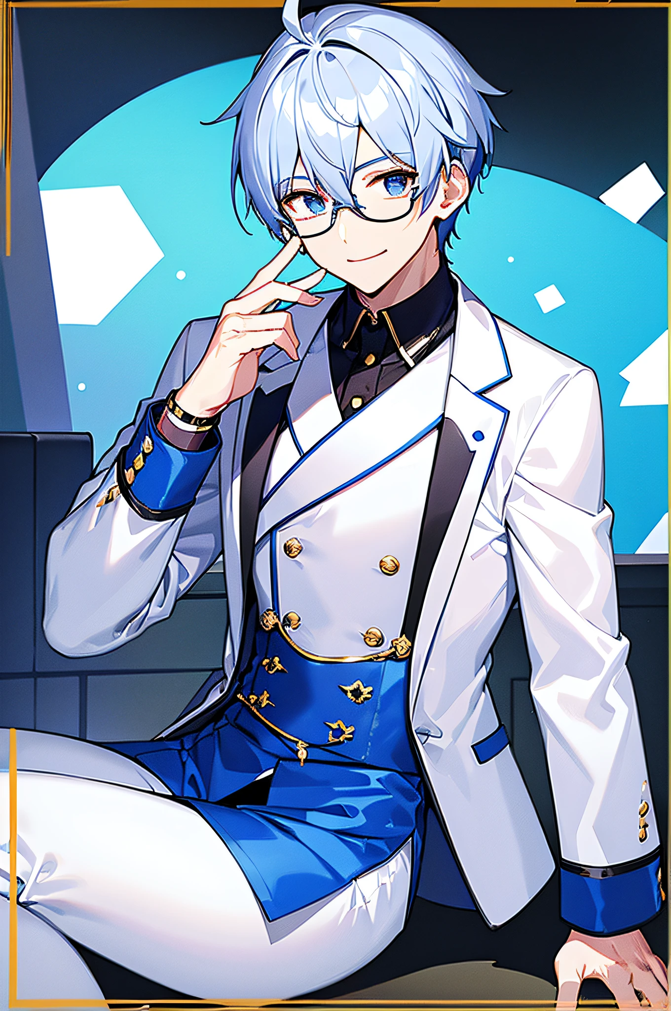 16k,male people,Blue-white hair,White suit。Square frame glasses,Sit Pose,Sunny and cheerful。